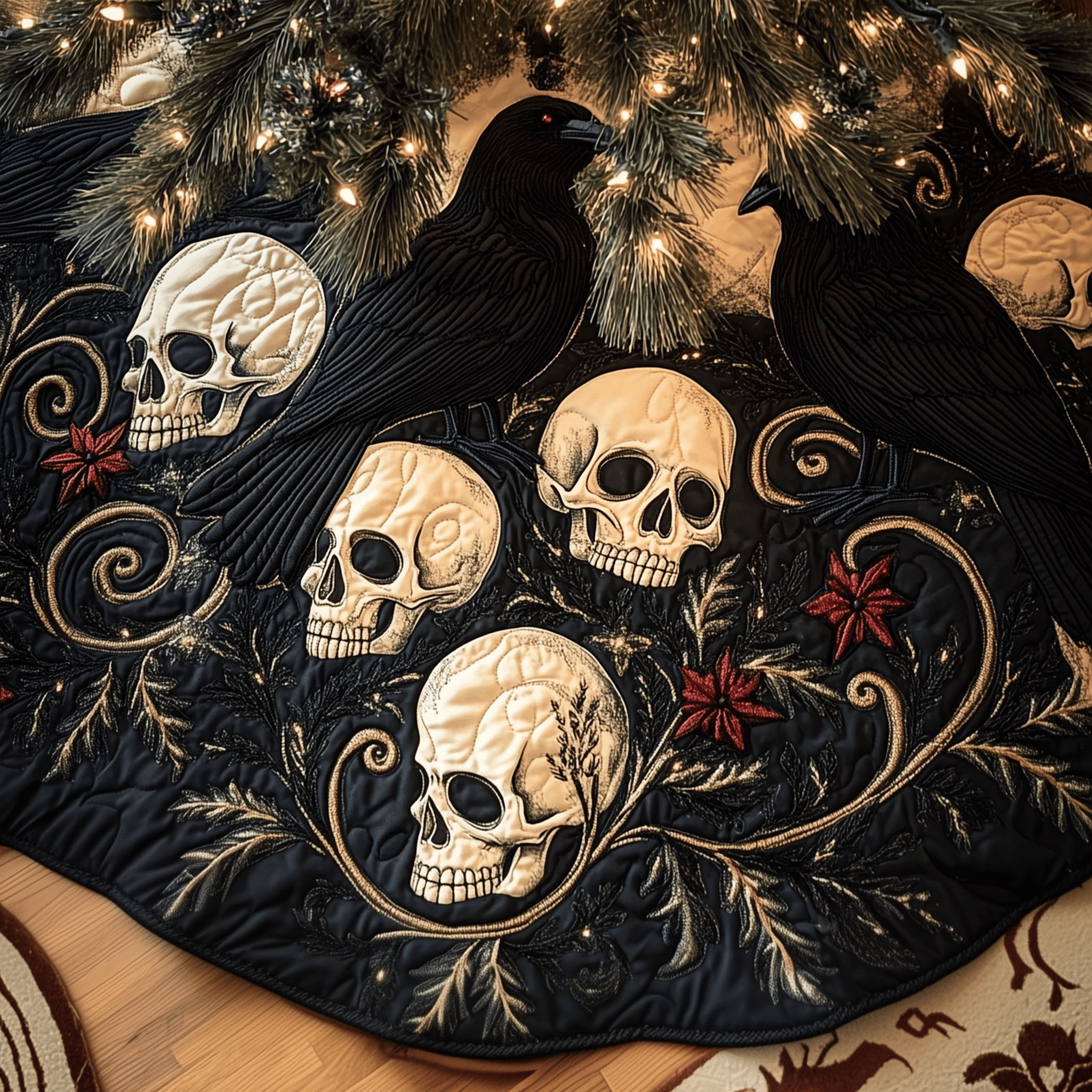 Christmas Skull And Black Crow Quilted Tree Skirt Celebrate the Holidays Without Stress Choose Safety Christmas Skull And Black Crow Quilted Tree Skirt Celebrate the Holidays Without Stress Choose Safety