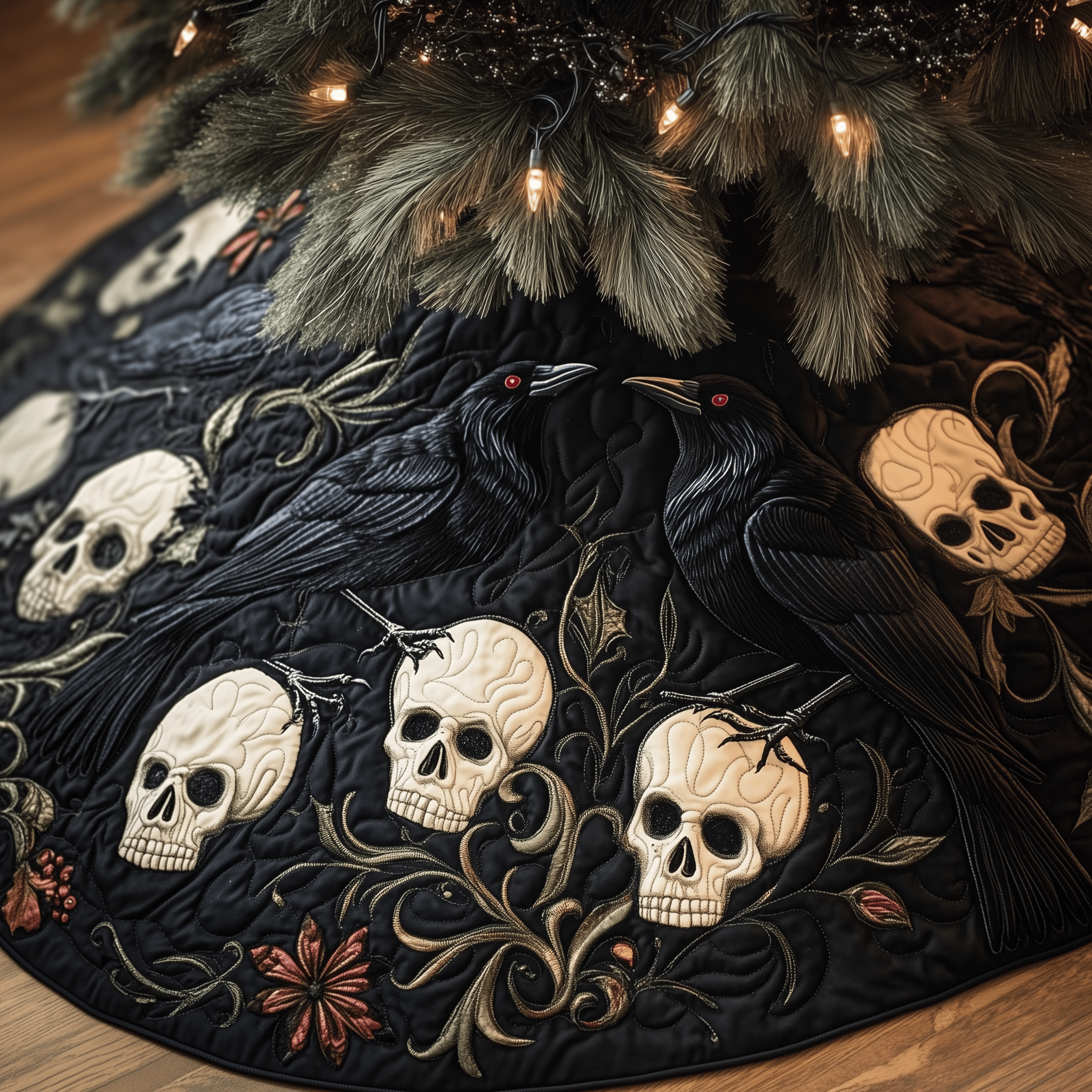 Christmas Skull And Black Crow Quilted Tree Skirt Feel the Calm of Christmas with Durable Tree Decor Christmas Skull And Black Crow Quilted Tree Skirt Feel the Calm of Christmas with Durable Tree Decor