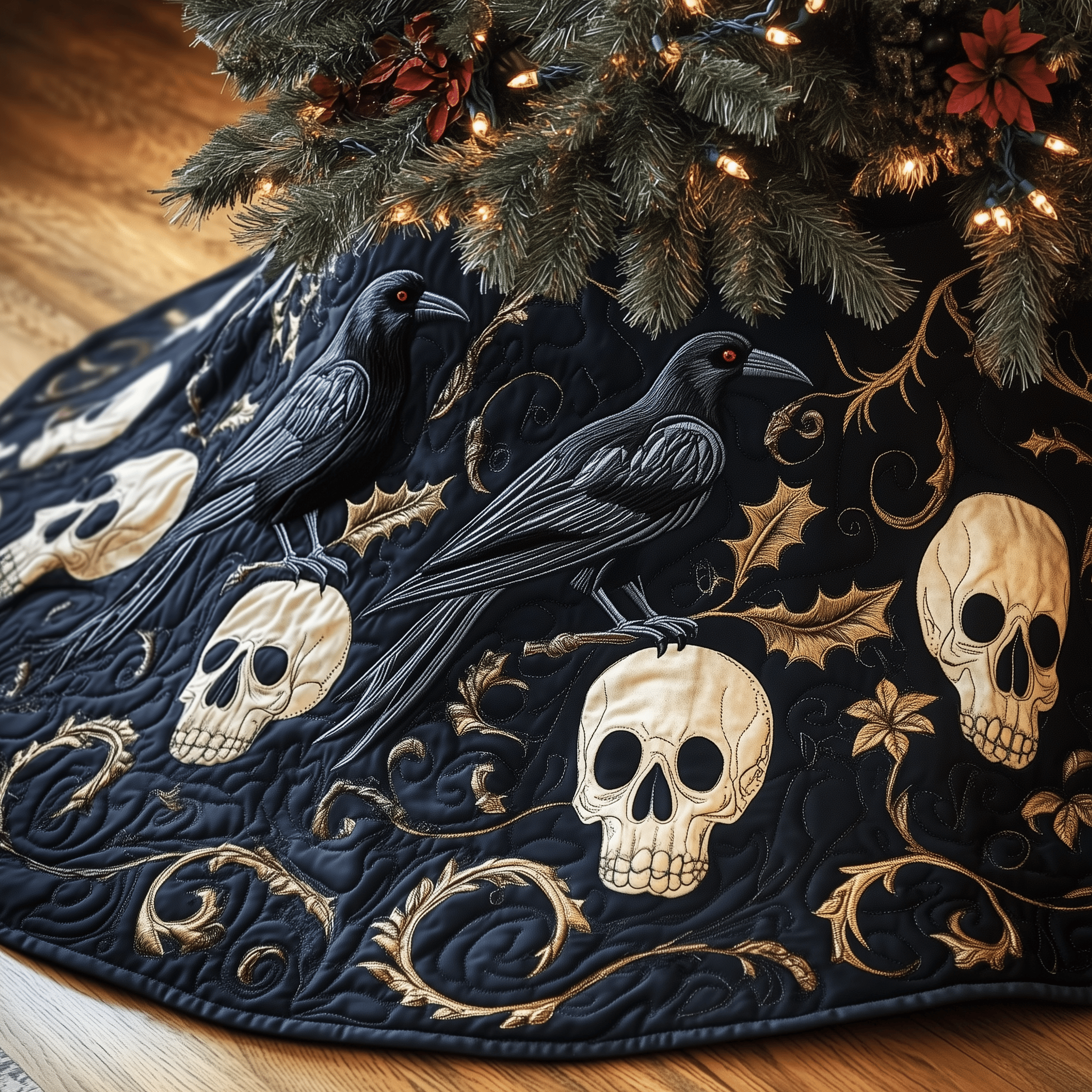 Christmas Skull And Black Crow Quilted Tree Skirt Make Christmas Simple and Stylish with Protective Decor Christmas Skull And Black Crow Quilted Tree Skirt Make Christmas Simple and Stylish with Protective Decor