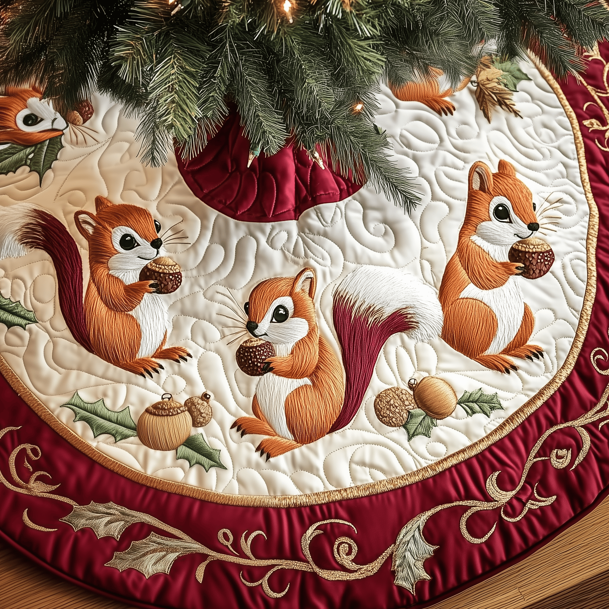 Christmas Squirrel Quilted Tree Skirt Celebrate Elegantly with a Timeless Christmas Tree Skirt Christmas Squirrel Quilted Tree Skirt Celebrate Elegantly with a Timeless Christmas Tree Skirt