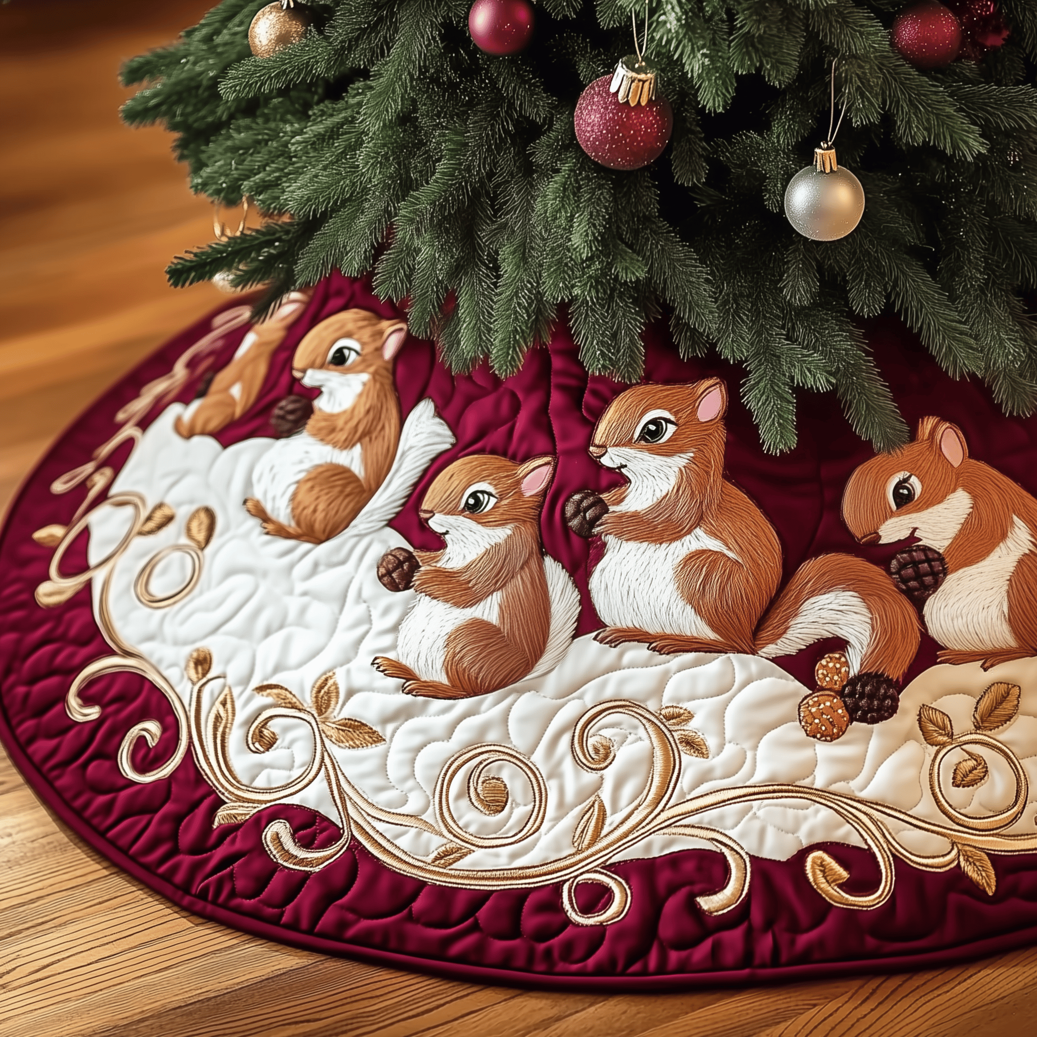 Christmas Squirrel Quilted Tree Skirt Feel Peaceful Amid the Holiday Rush with Protective Decor Christmas Squirrel Quilted Tree Skirt Feel Peaceful Amid the Holiday Rush with Protective Decor