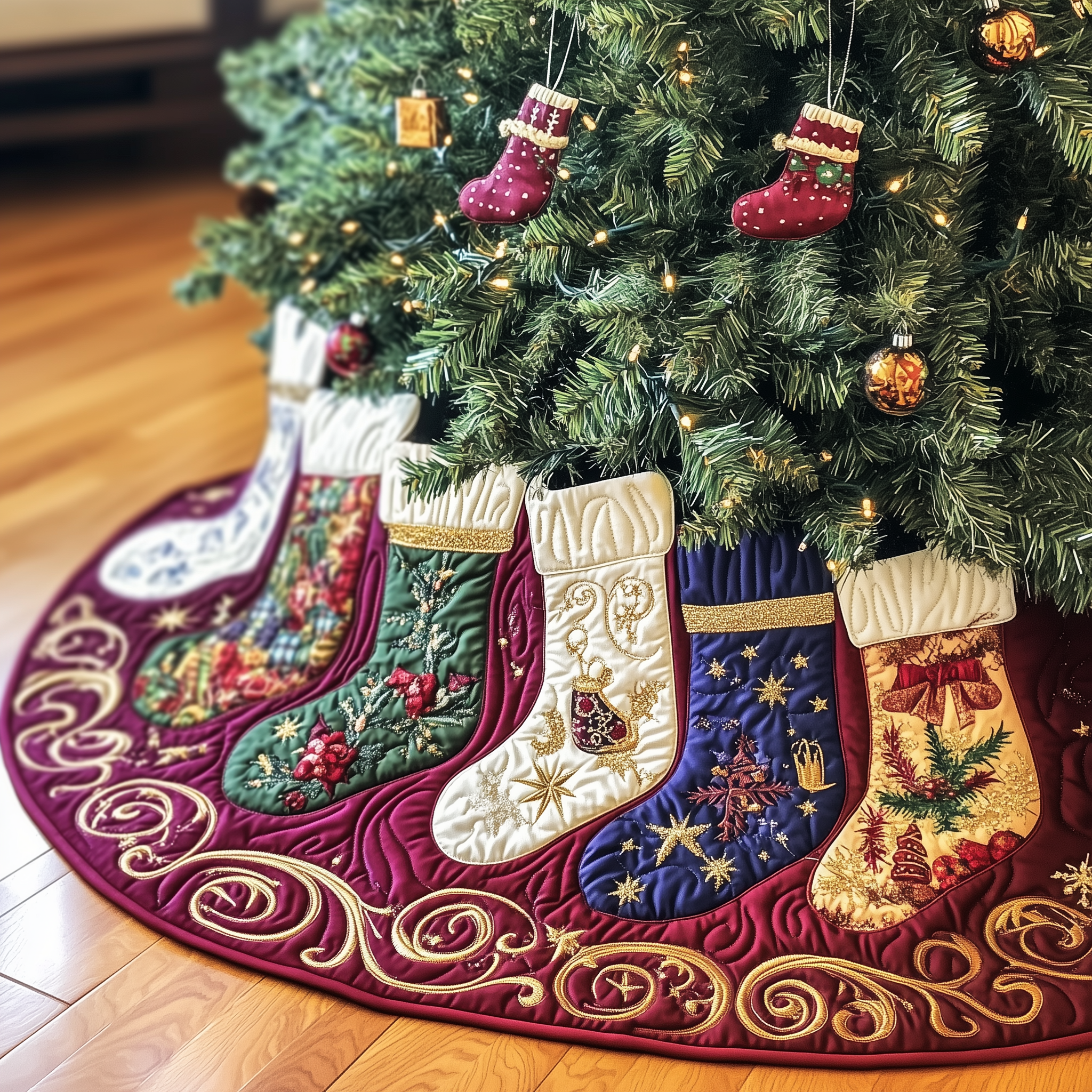 Christmas Stockings Quilted Tree Skirt Celebrate Joyfully with a Stylish Christmas Tree Skirt Christmas Stockings Quilted Tree Skirt Celebrate Joyfully with a Stylish Christmas Tree Skirt