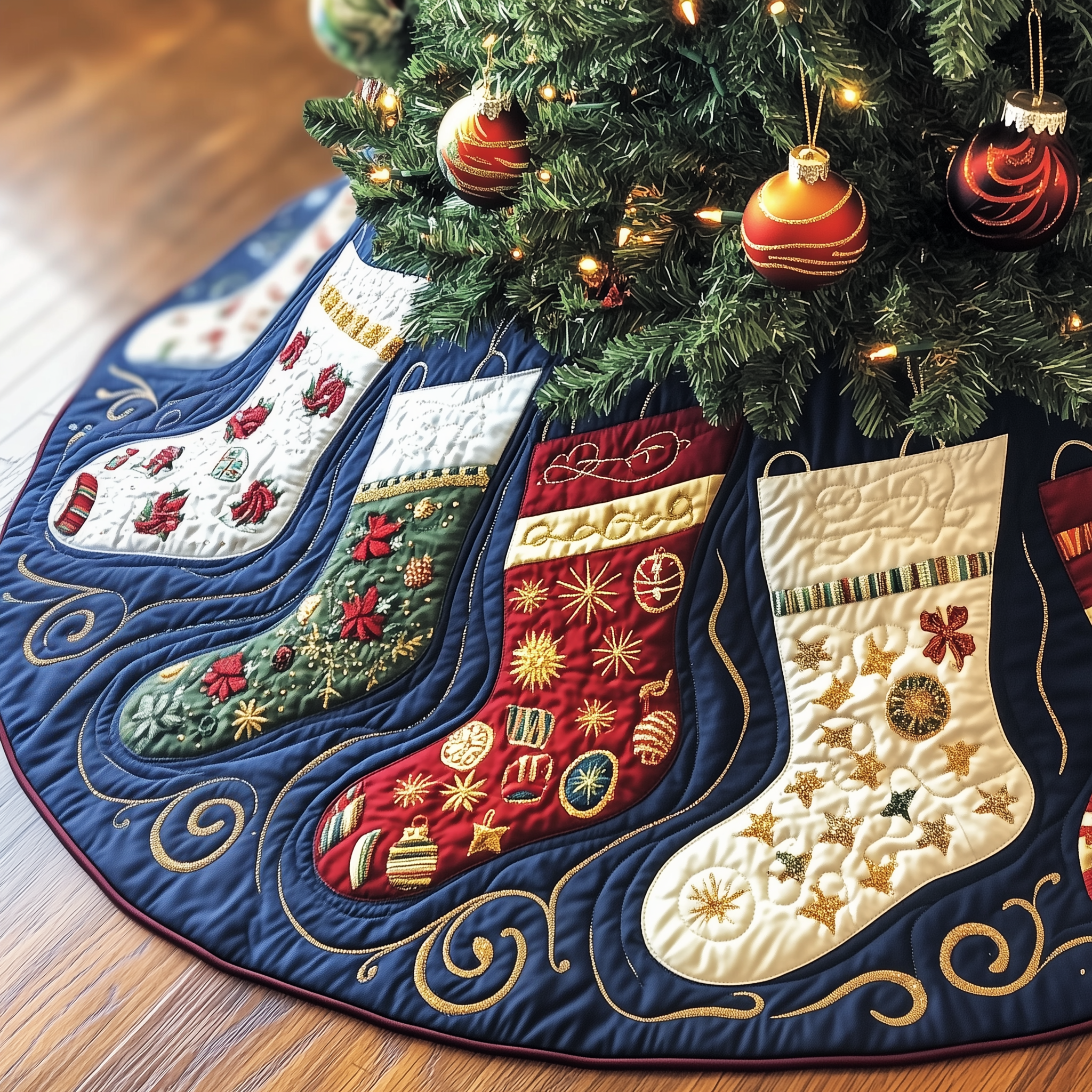 Christmas Stockings Quilted Tree Skirt Enjoy a Relaxing Holiday with Peaceful Tree Decor Christmas Stockings Quilted Tree Skirt Enjoy a Relaxing Holiday with Peaceful Tree Decor
