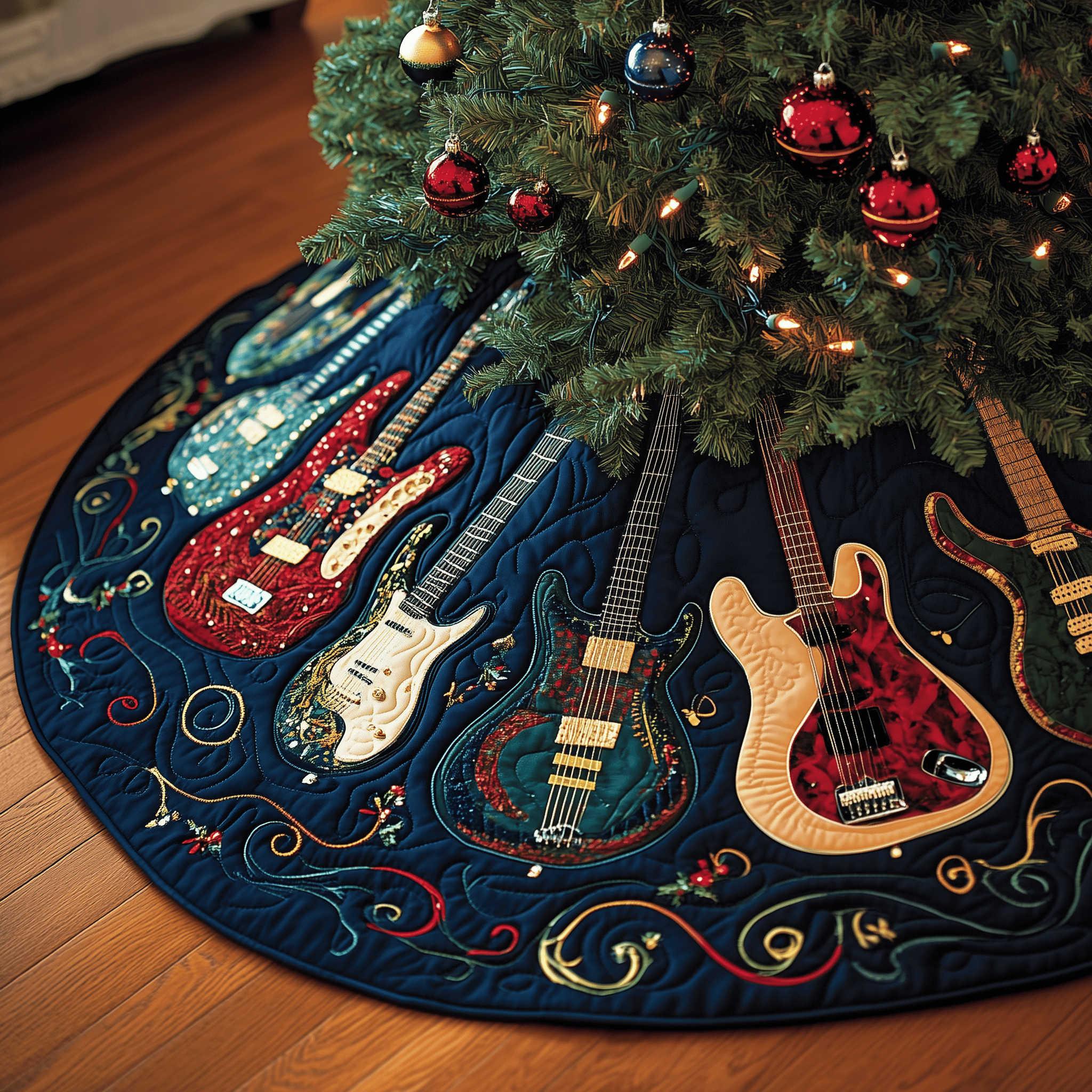 Christmas Swirl Guitar Quilted Tree Skirt Add Elegance to Your Tree While Keeping Floors Safe Christmas Swirl Guitar Quilted Tree Skirt Add Elegance to Your Tree While Keeping Floors Safe