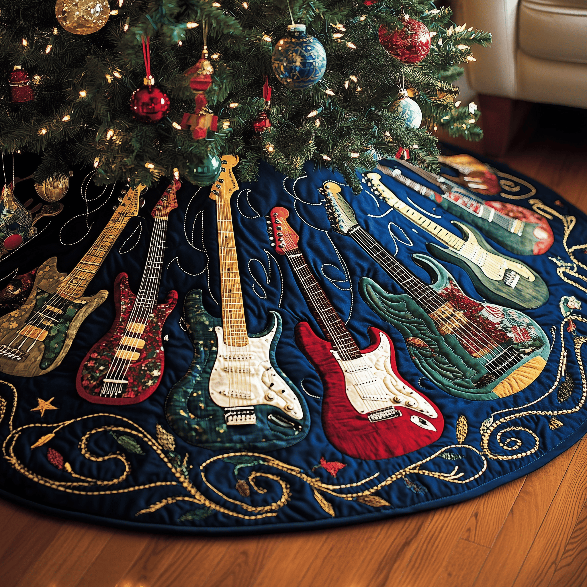 Christmas Swirl Guitar Quilted Tree Skirt Celebrate with Grace and Safety in Every Detail Christmas Swirl Guitar Quilted Tree Skirt Celebrate with Grace and Safety in Every Detail