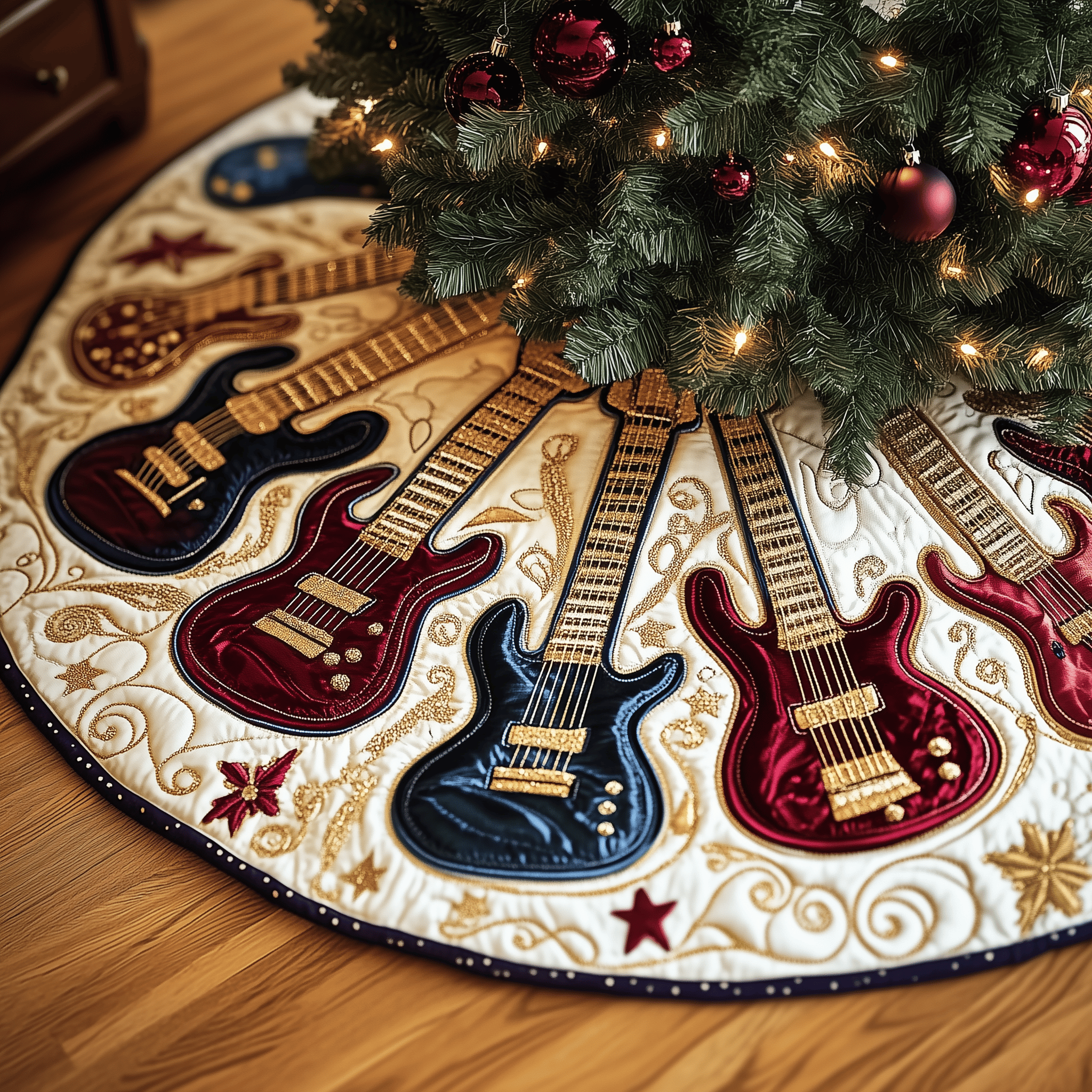 Christmas Swirl Guitar Quilted Tree Skirt Relax and Enjoy the Holidays with Peaceful Tree Decor Christmas Swirl Guitar Quilted Tree Skirt Relax and Enjoy the Holidays with Peaceful Tree Decor