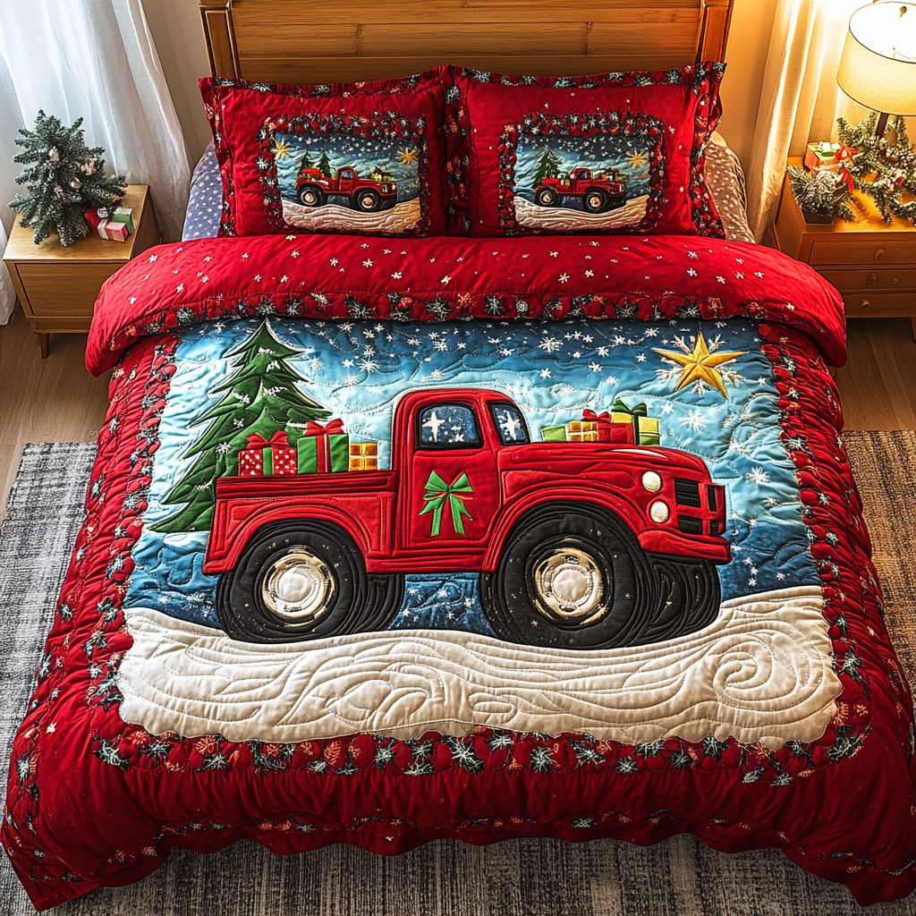 Christmas Truck Trek Quilted Bedding Set Mum And Daughter Gifts Christmas Truck Trek Quilted Bedding Set Mum And Daughter Gifts