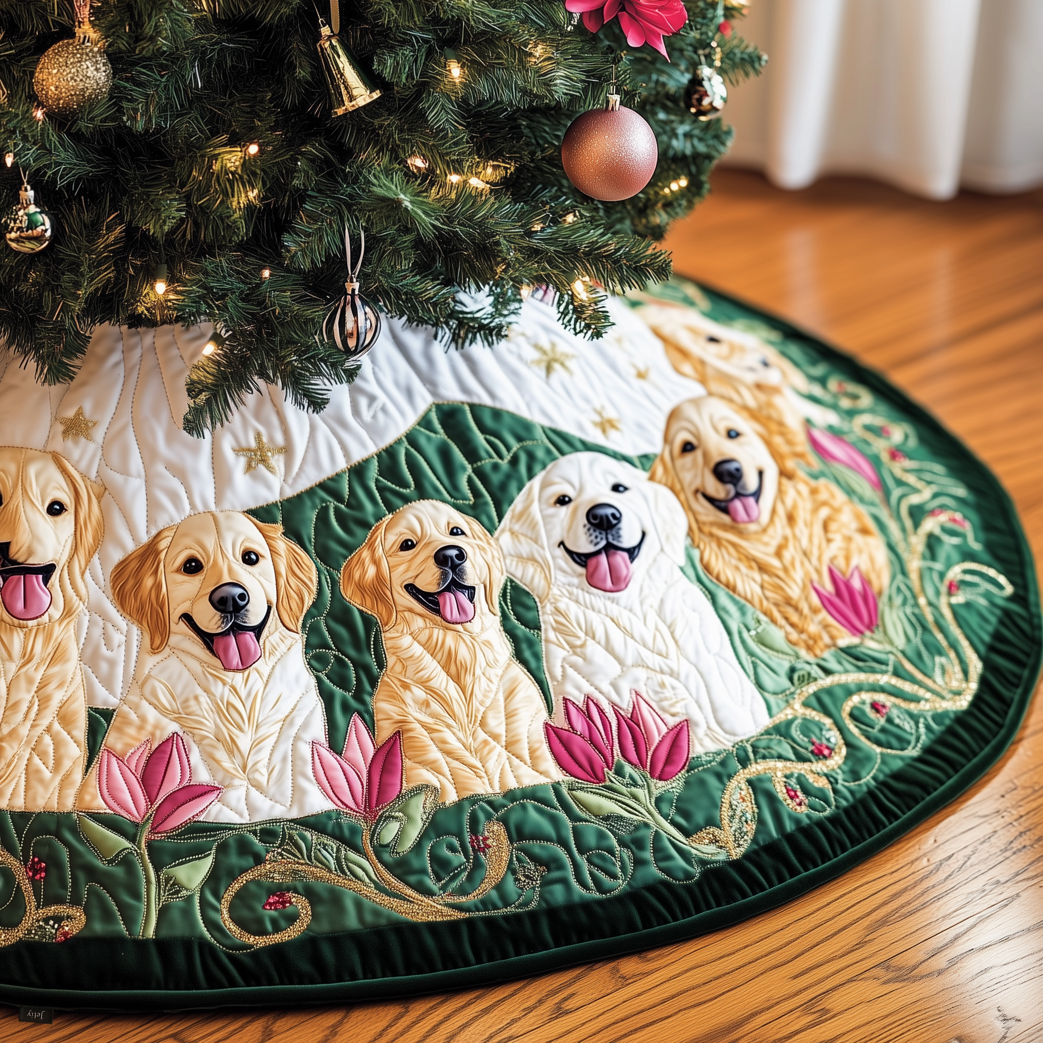 Christmas Tulip Golden Retriever Quilted Tree Skirt Celebrate the Holidays in Style and Safety Christmas Tulip Golden Retriever Quilted Tree Skirt Celebrate the Holidays in Style and Safety