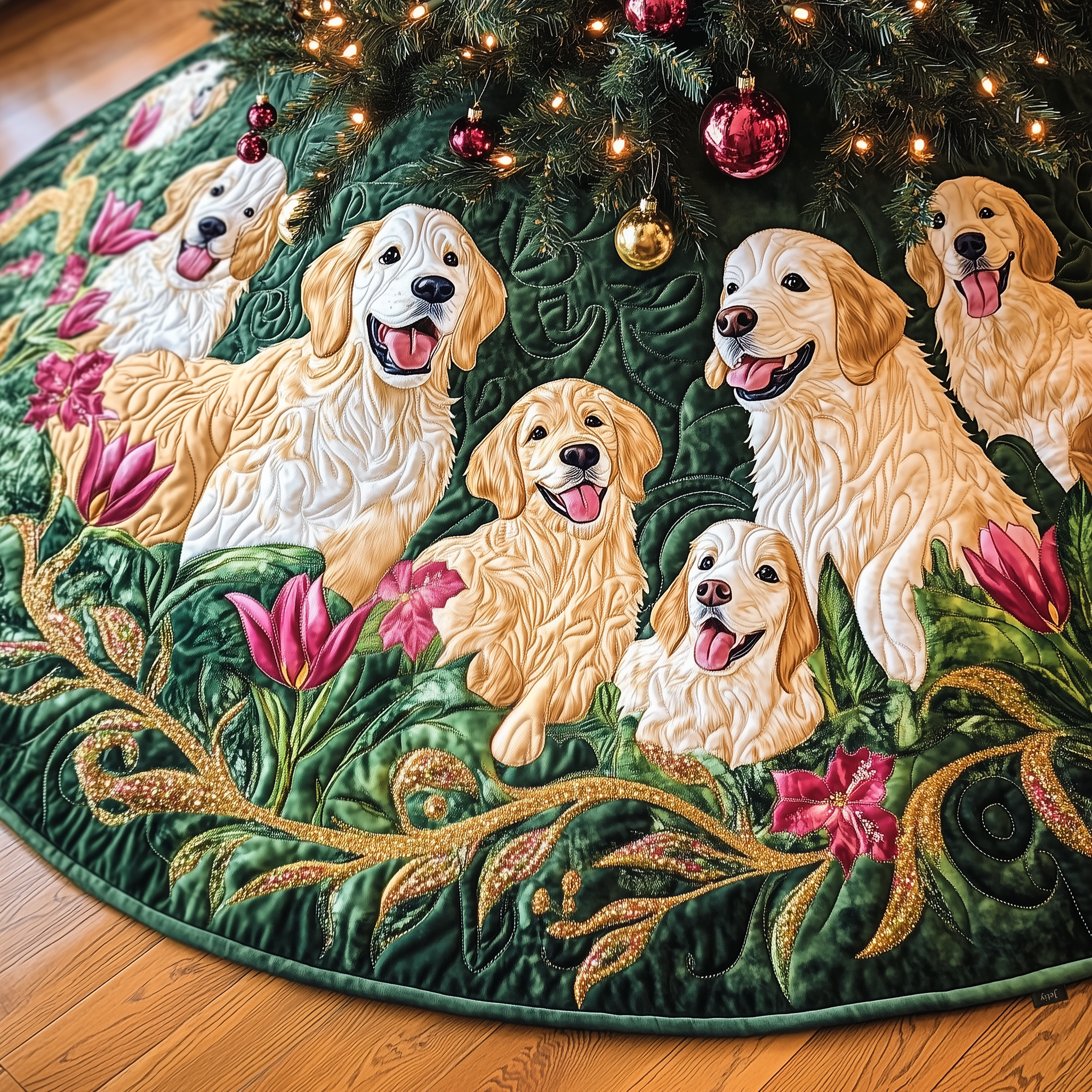 Christmas Tulip Golden Retriever Quilted Tree Skirt Feel the Essence of Christmas with a Perfect Tree Skirt Christmas Tulip Golden Retriever Quilted Tree Skirt Feel the Essence of Christmas with a Perfect Tree Skirt