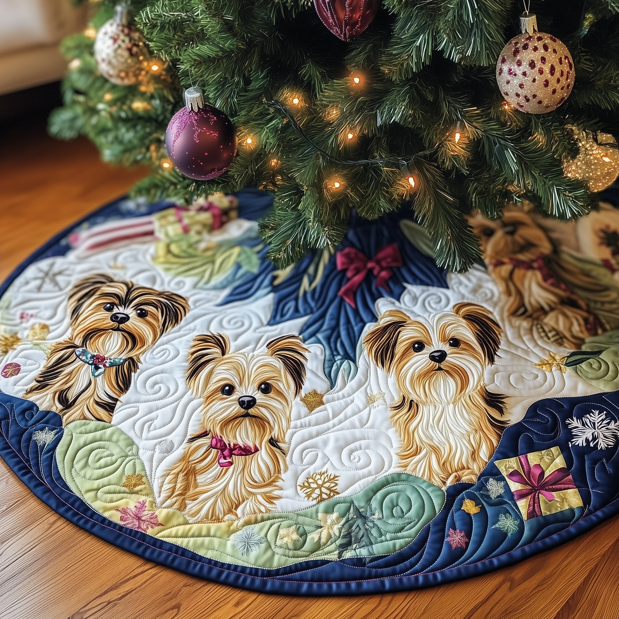 Christmas Yorkie Quilted Tree Skirt Feel the Warmth of Christmas with Protective Decor Christmas Yorkie Quilted Tree Skirt Feel the Warmth of Christmas with Protective Decor