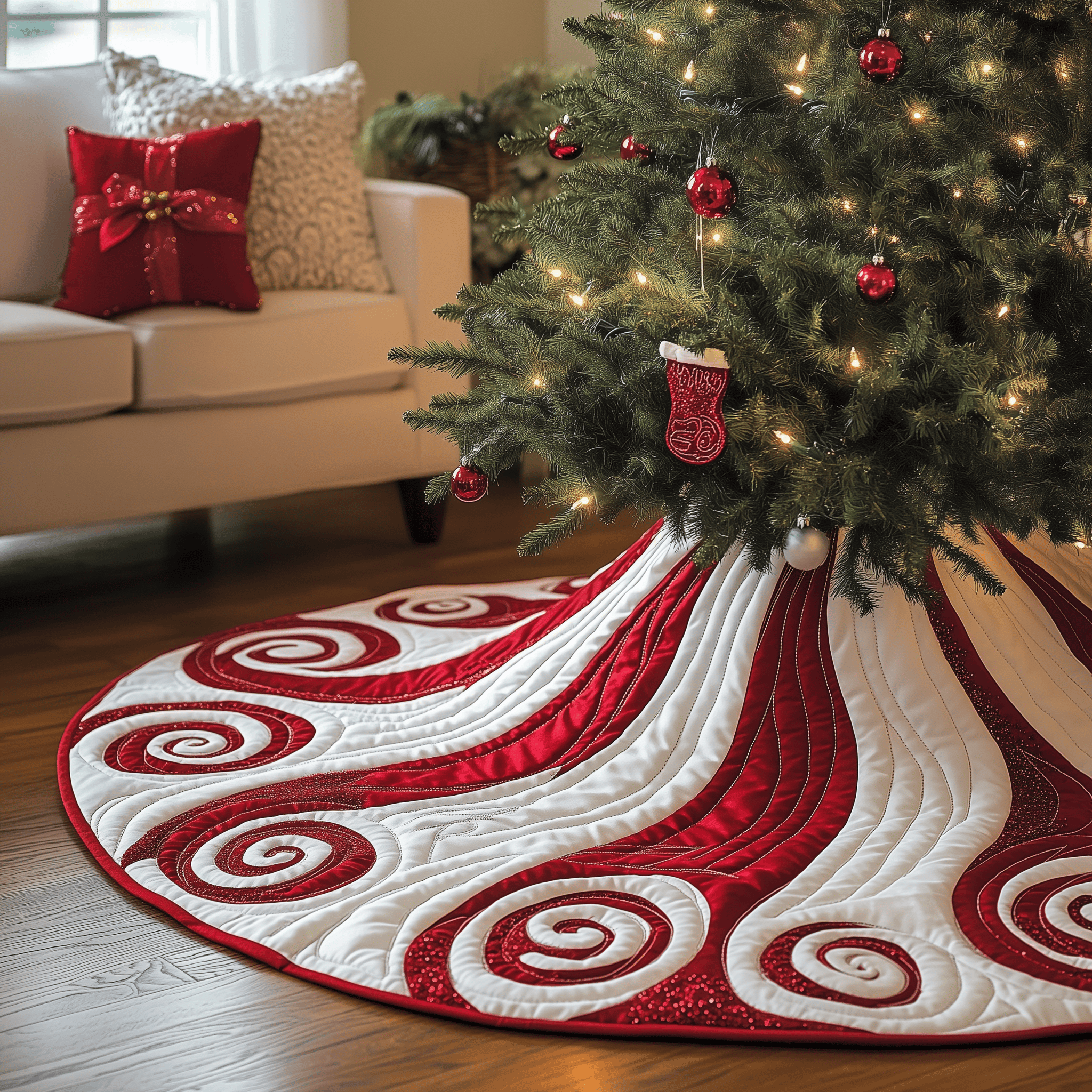 Classic Peppermint Candy Quilted Tree Skirt Enjoy a Relaxing Holiday with Peaceful Tree Decor Classic Peppermint Candy Quilted Tree Skirt Enjoy a Relaxing Holiday with Peaceful Tree Decor