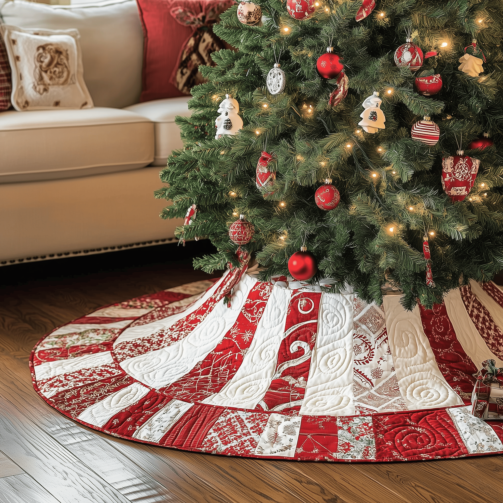 Classic Red White Patchwork Quilted Tree Skirt Relax and Enjoy the Holidays with Peaceful Tree Decor Classic Red White Patchwork Quilted Tree Skirt Relax and Enjoy the Holidays with Peaceful Tree Decor