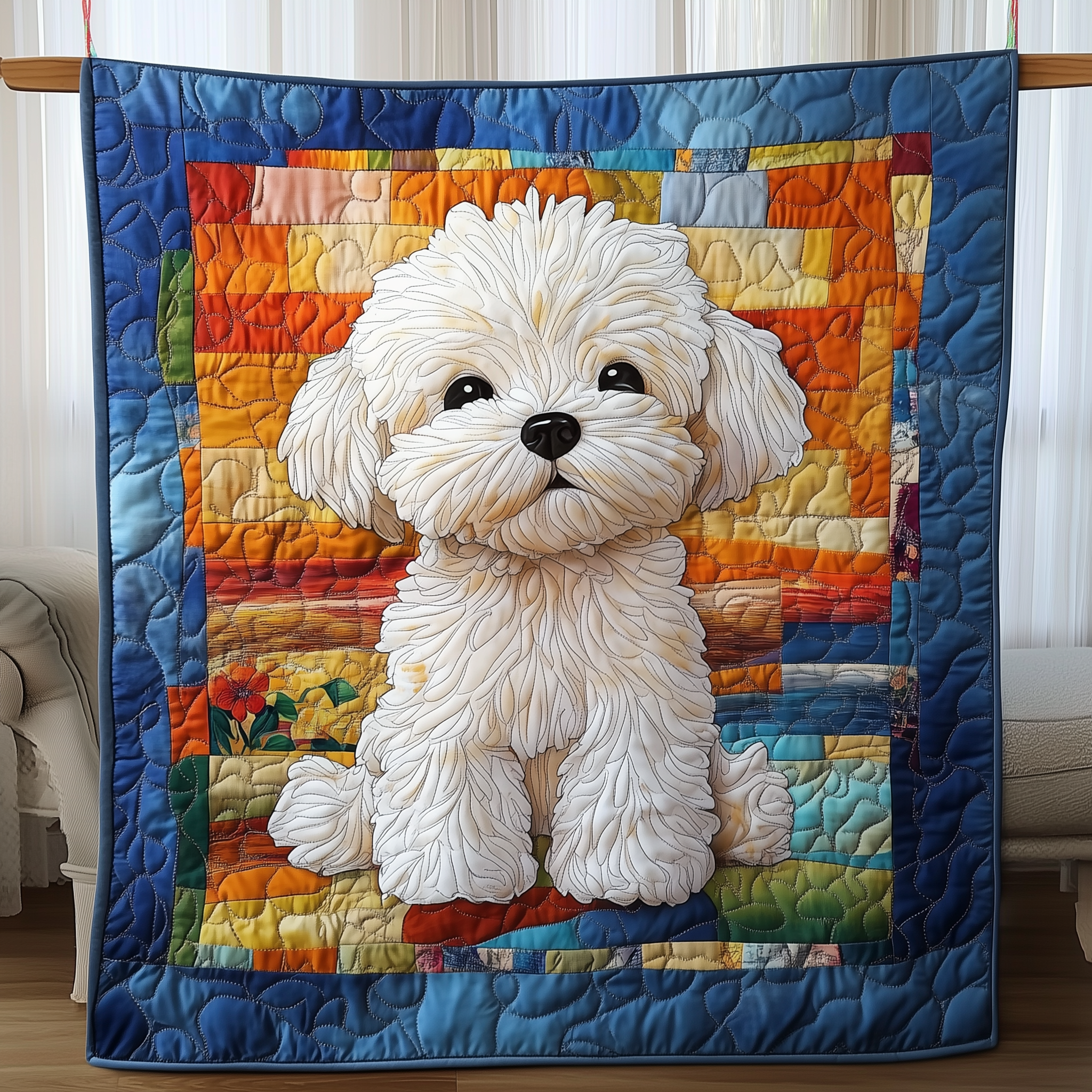 Colorful Bichon Frise Quilted Blanket Feel the Comfort of Home, Wherever You Go Colorful Bichon Frise Quilted Blanket Feel the Comfort of Home, Wherever You Go