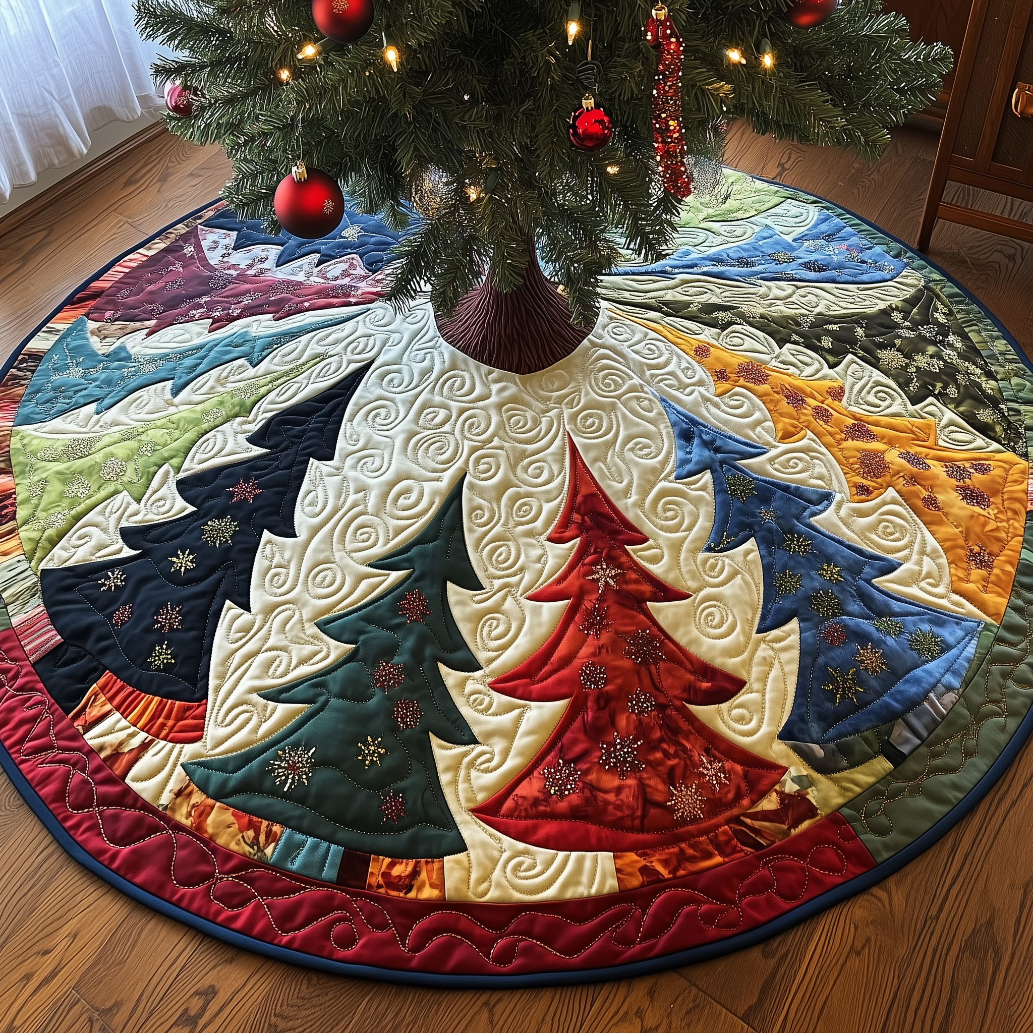 Colorful Christmas Trees Quilted Tree Skirt Feel Closer to Home with Safe Holiday Decor Colorful Christmas Trees Quilted Tree Skirt Feel Closer to Home with Safe Holiday Decor