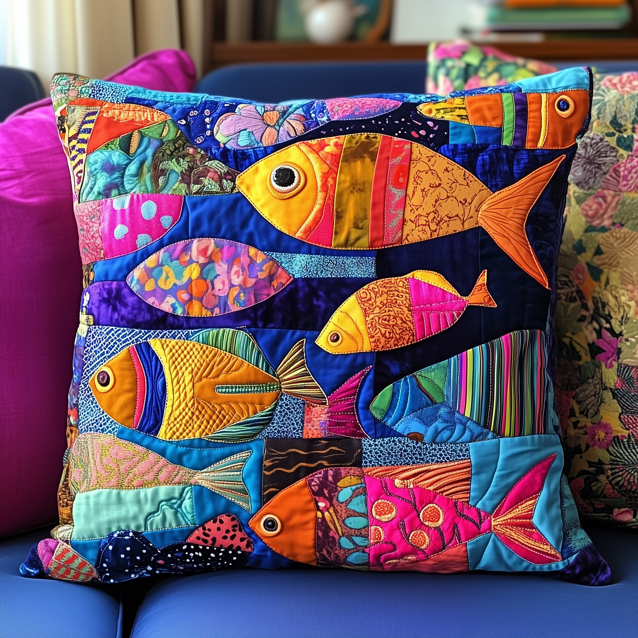 Colorful Fishes Patchwork Quilted Pillow Case Relax and Sleep Better with a Premium Pillow Case Colorful Fishes Patchwork Quilted Pillow Case Relax and Sleep Better with a Premium Pillow Case