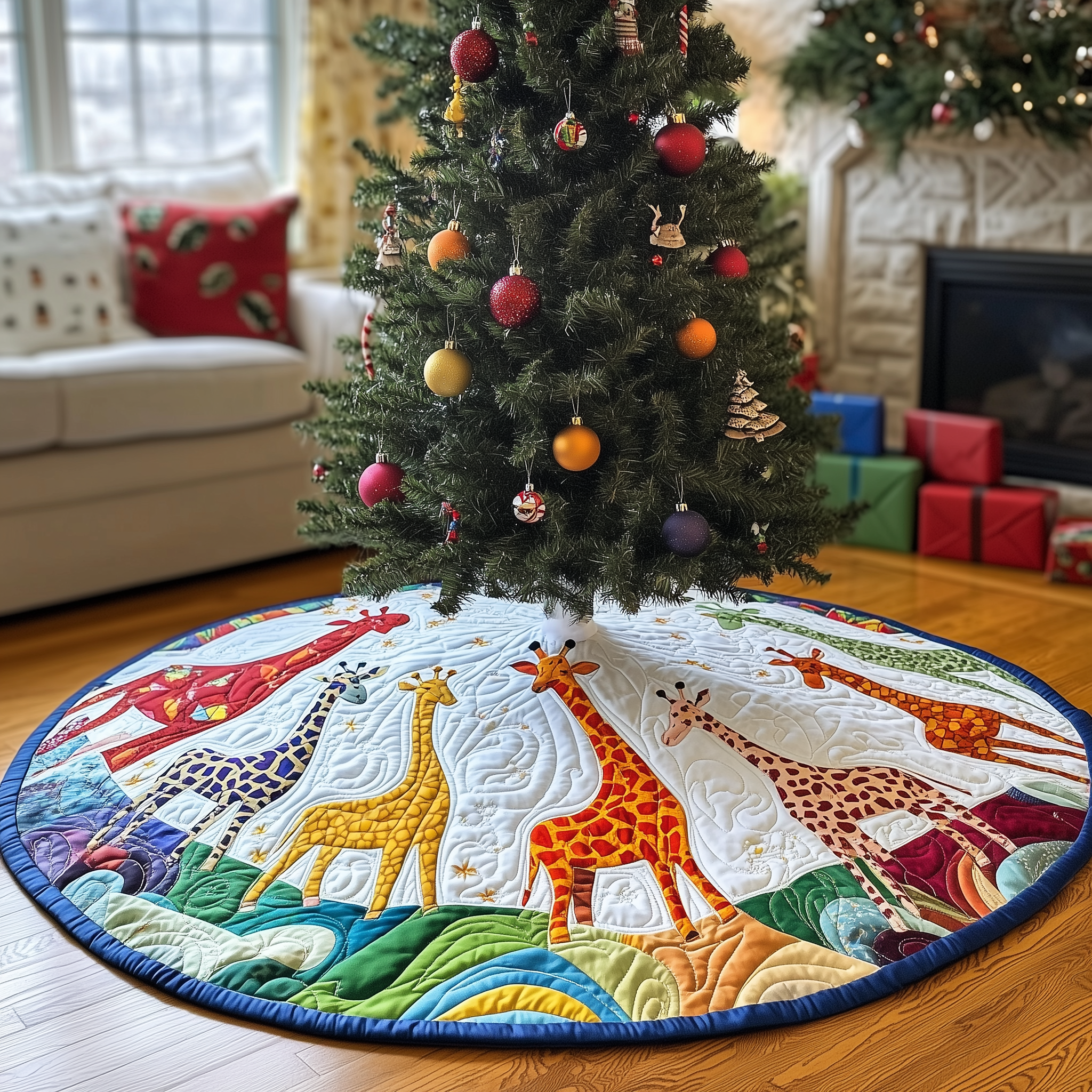 Colorful Giraffes Christmas Quilted Tree Skirt Celebrate the Holidays Without Stress Choose Safety Colorful Giraffes Christmas Quilted Tree Skirt Celebrate the Holidays Without Stress Choose Safety