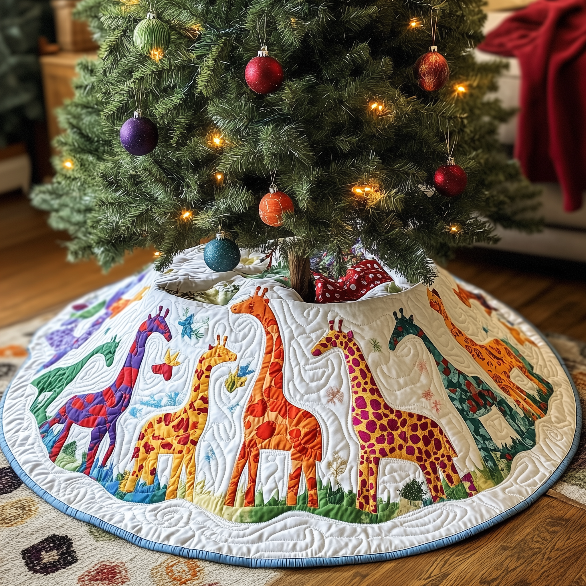 Colorful Giraffes Christmas Quilted Tree Skirt Celebrate Togetherness with Thoughtful Holiday Decor Colorful Giraffes Christmas Quilted Tree Skirt Celebrate Togetherness with Thoughtful Holiday Decor