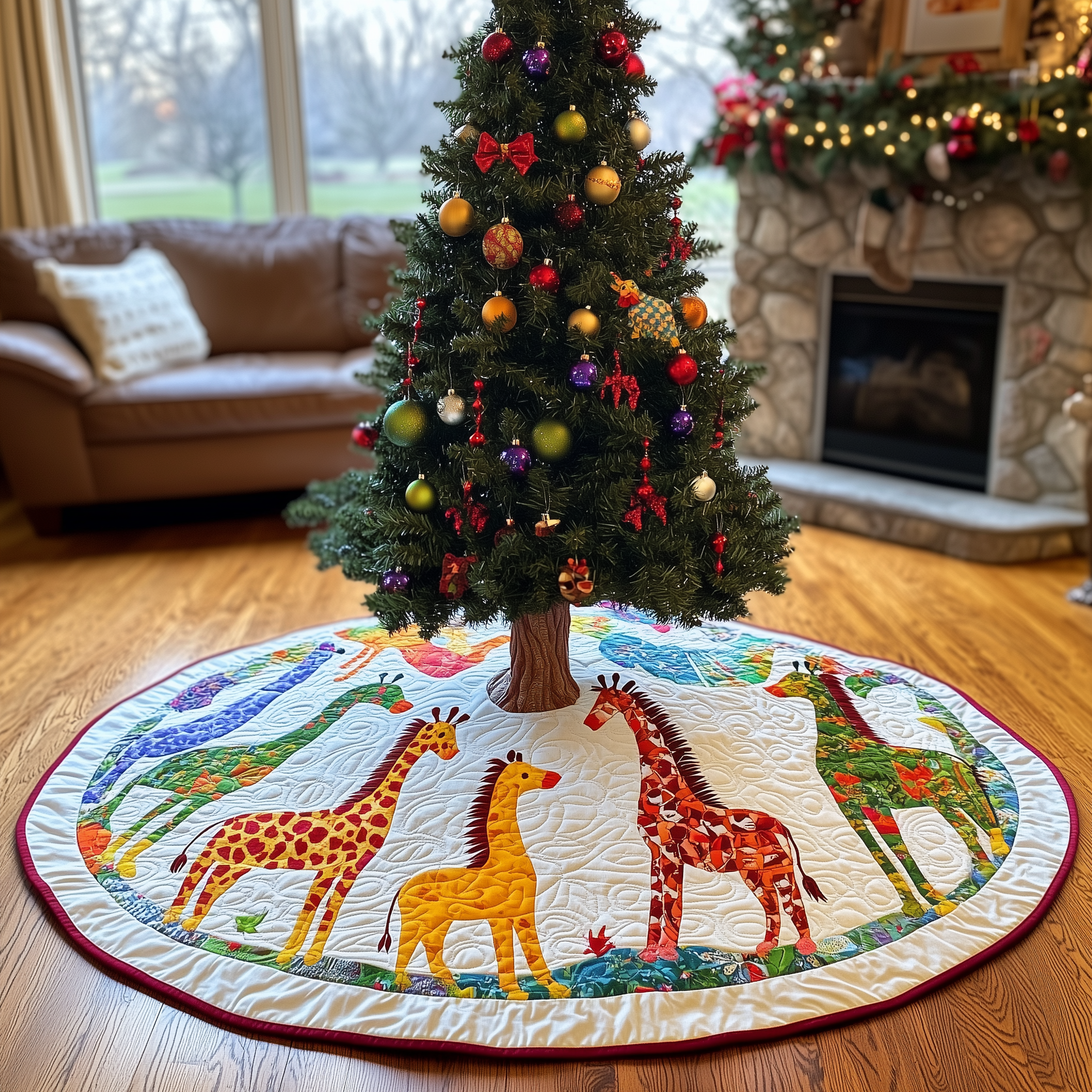 Colorful Giraffes Christmas Quilted Tree Skirt Feel the Calm of Christmas with Durable Tree Decor Colorful Giraffes Christmas Quilted Tree Skirt Feel the Calm of Christmas with Durable Tree Decor