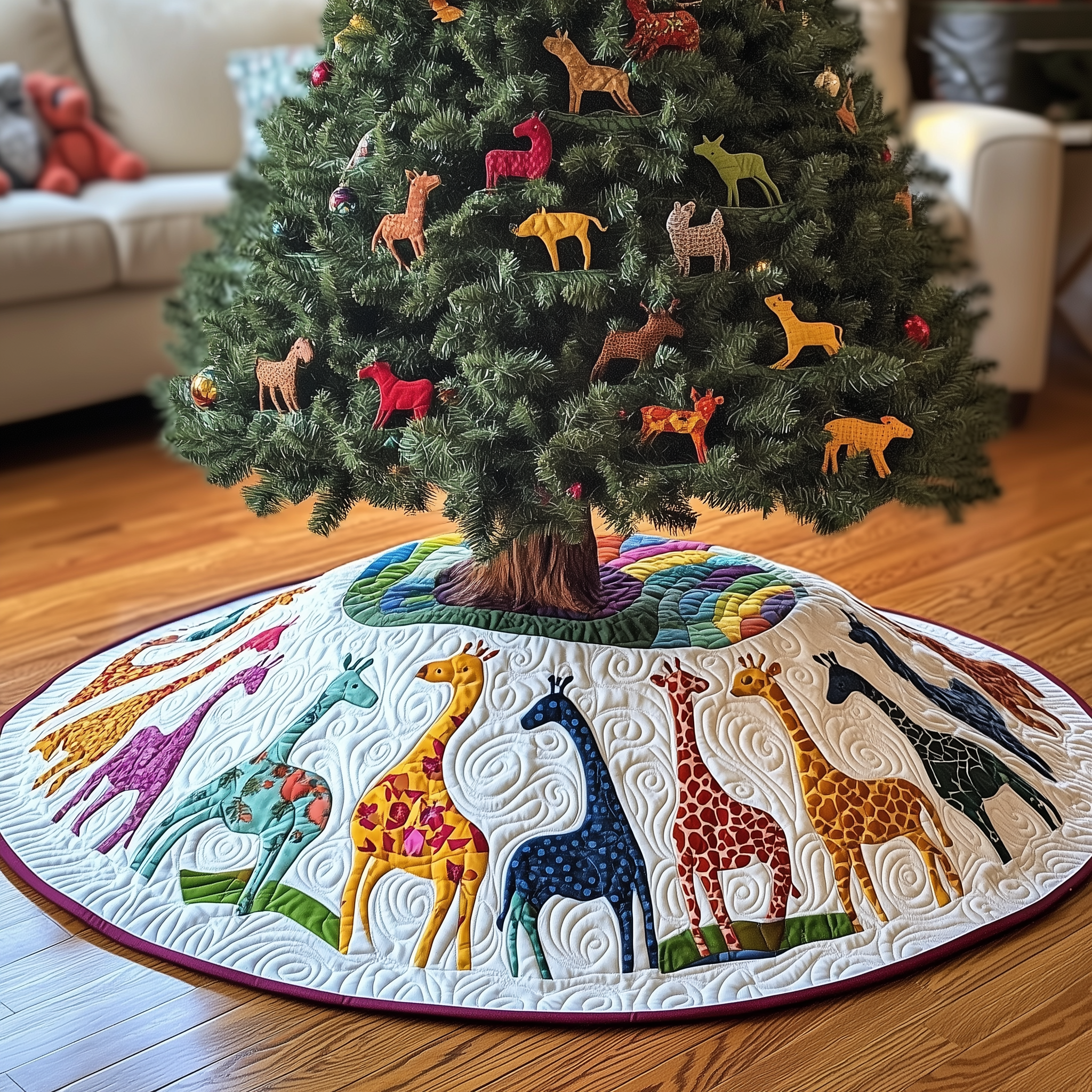 Colorful Giraffes Christmas Quilted Tree Skirt Feel the Love of Christmas Under a Safe Tree Skirt Colorful Giraffes Christmas Quilted Tree Skirt Feel the Love of Christmas Under a Safe Tree Skirt