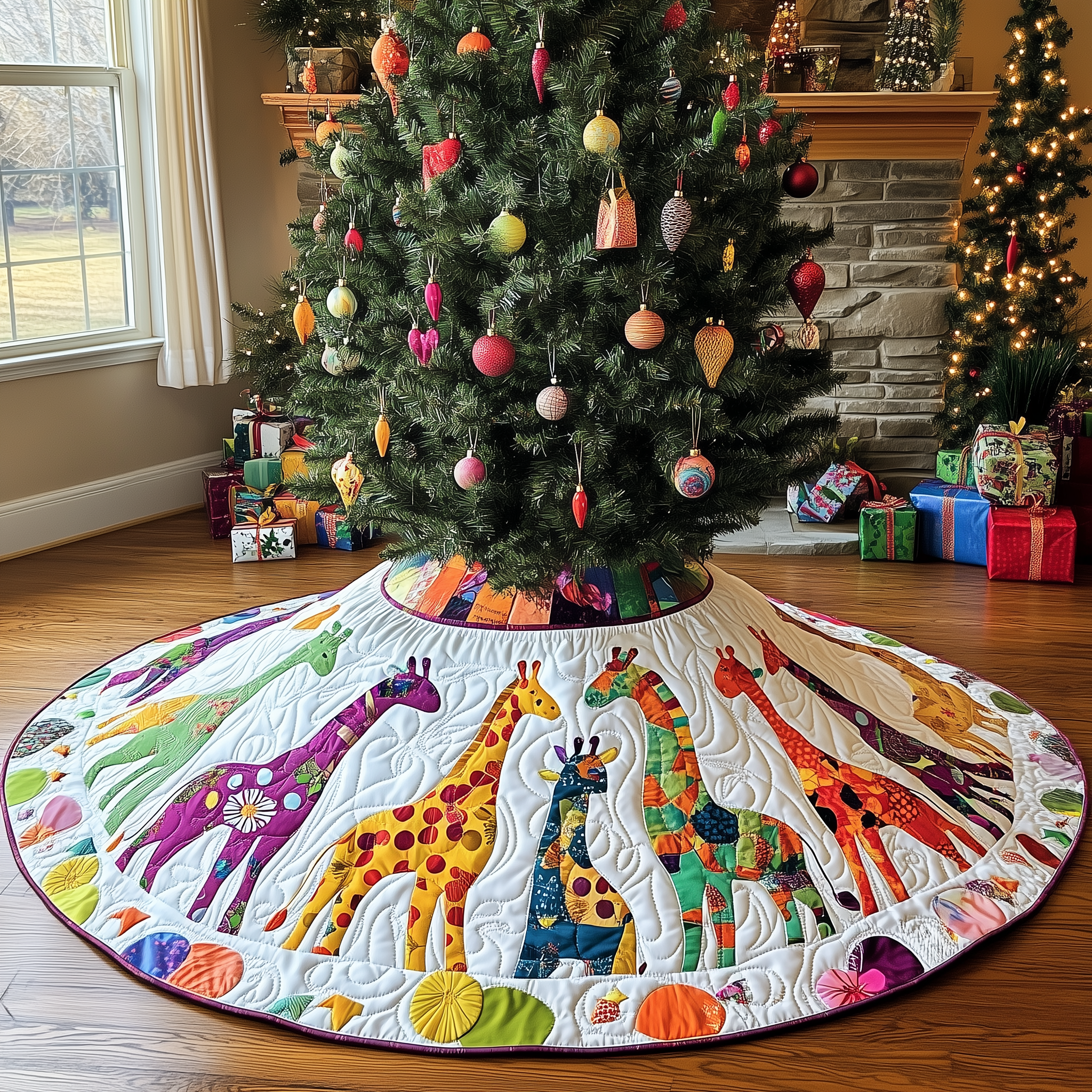 Colorful Giraffes Christmas Quilted Tree Skirt Make Christmas Simple and Stylish with Protective Decor Colorful Giraffes Christmas Quilted Tree Skirt Make Christmas Simple and Stylish with Protective Decor