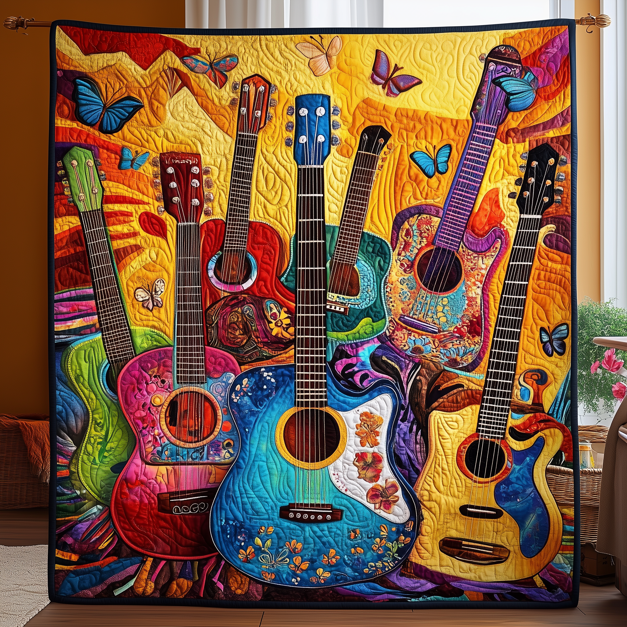 Colorful Guitar Sunshine Quilted Blanket Feel Closer to Your Loved Ones with a Shared Blanket Colorful Guitar Sunshine Quilted Blanket Feel Closer to Your Loved Ones with a Shared Blanket