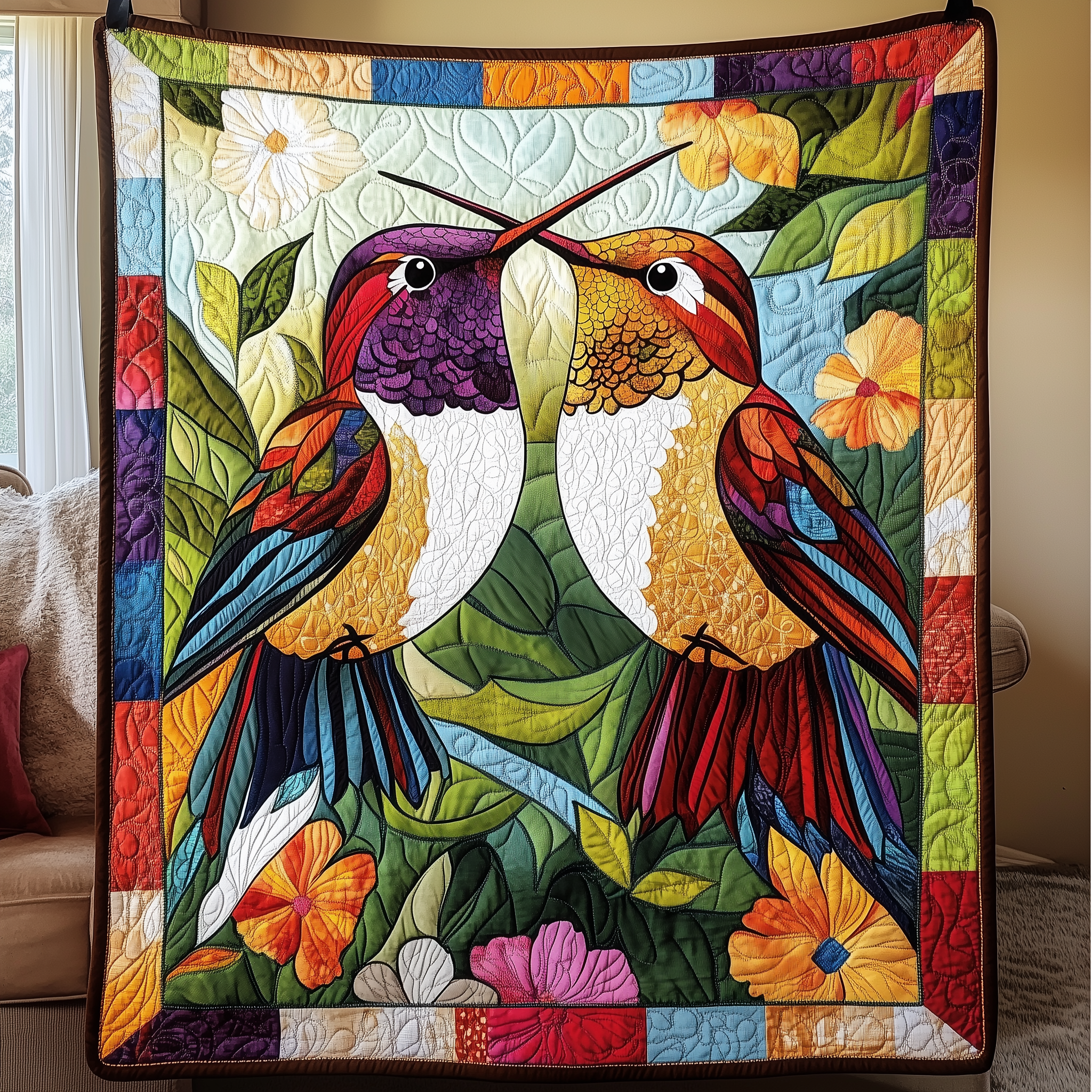 Colorful Hummingbird Couple Quilted Blanket Unique Throw Blanket Hummingbird Feeder Gift Colorful Hummingbird Couple Quilted Blanket Unique Throw Blanket Hummingbird Feeder Gift