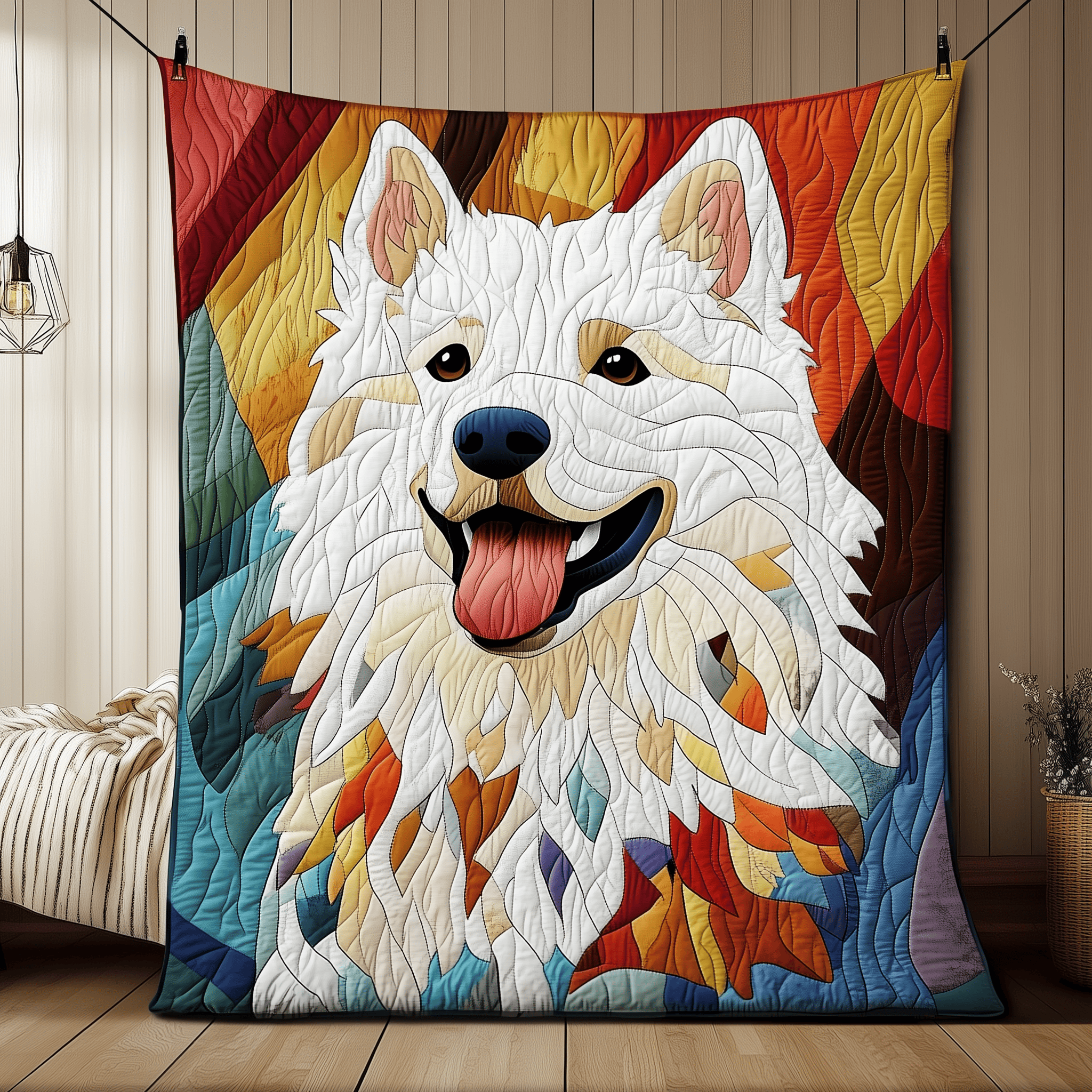 Colorful Samoyed Quilted Blanket Feel the Bond of Home with Our Family-Friendly Blanket Colorful Samoyed Quilted Blanket Feel the Bond of Home with Our Family-Friendly Blanket