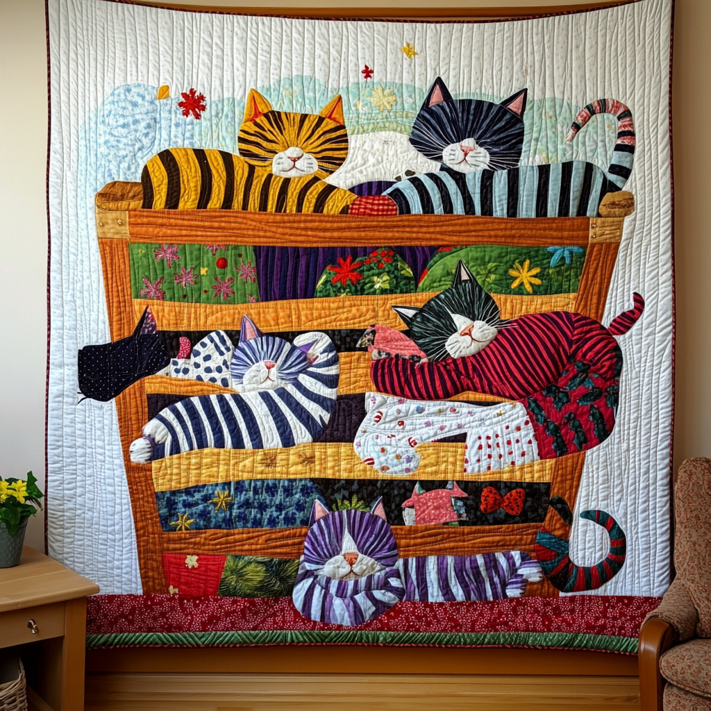 Colorful Sleeping Striped Pajama Cat Quilted Blanket Feel Closer to Your Loved Ones with a Shared Blanket Colorful Sleeping Striped Pajama Cat Quilted Blanket Feel Closer to Your Loved Ones with a Shared Blanket