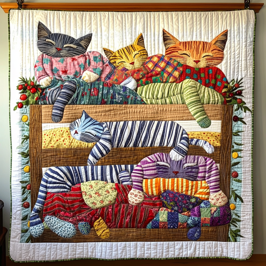 Colorful Sleeping Striped Pajama Cat Quilted Blanket Snuggle Up with a Blanket That Brings Everyone Closer Colorful Sleeping Striped Pajama Cat Quilted Blanket Snuggle Up with a Blanket That Brings Everyone Closer
