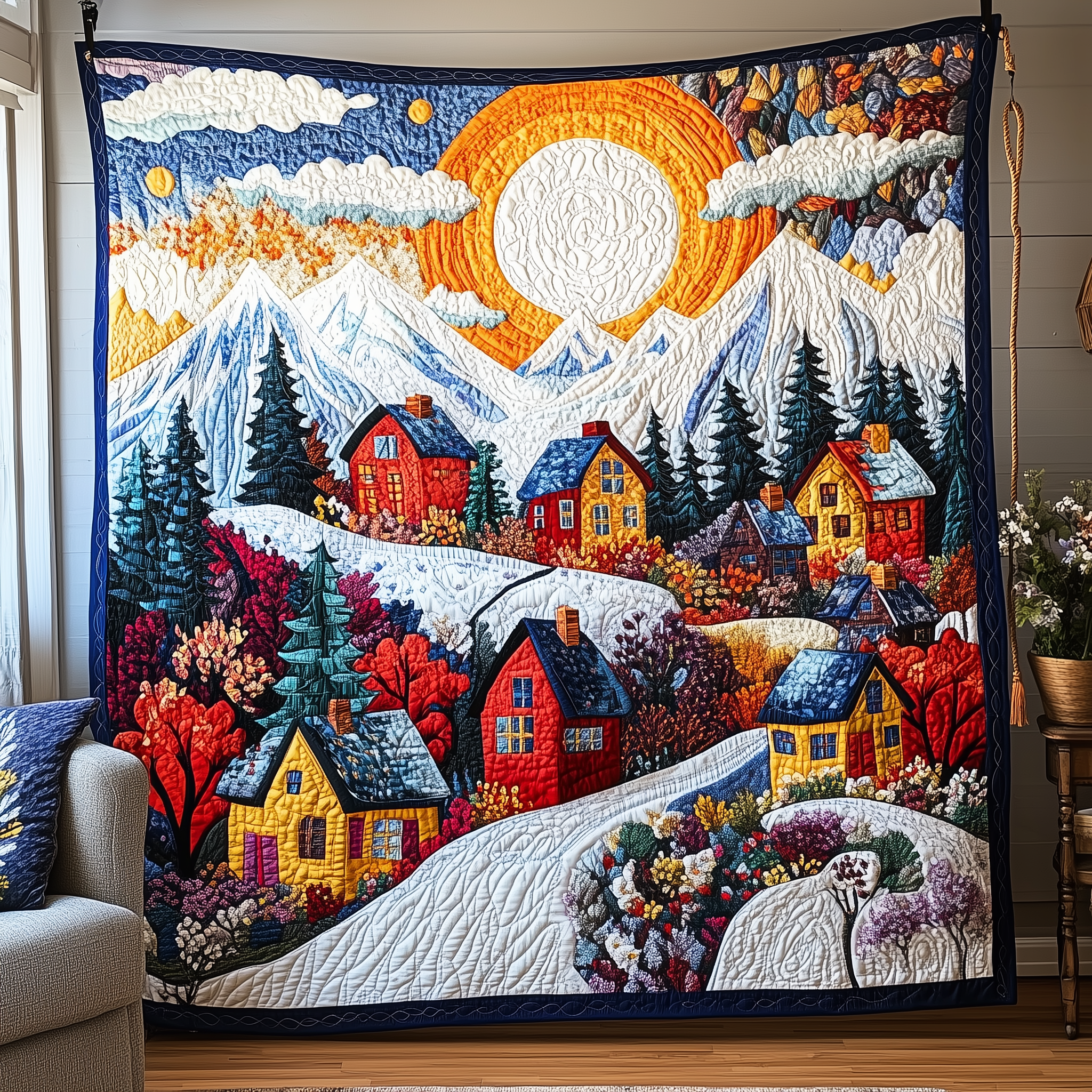 Colorful Snow-covered Village Quilted Blanket Feel Unique with a Blanket Made Just for You Colorful Snow-covered Village Quilted Blanket Feel Unique with a Blanket Made Just for You