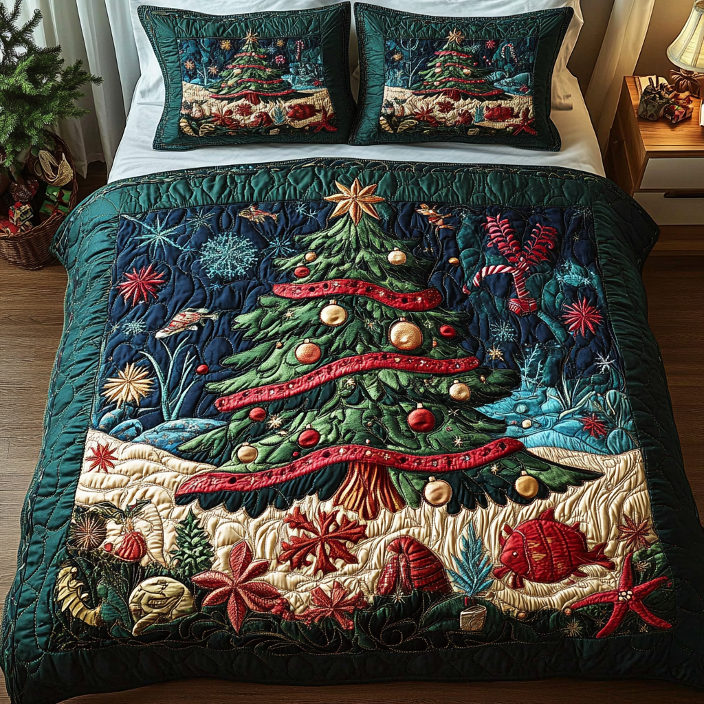 Coral Christmas Quilted Bedding Set Gifts For Ocean Lovers Coral Christmas Quilted Bedding Set Gifts For Ocean Lovers