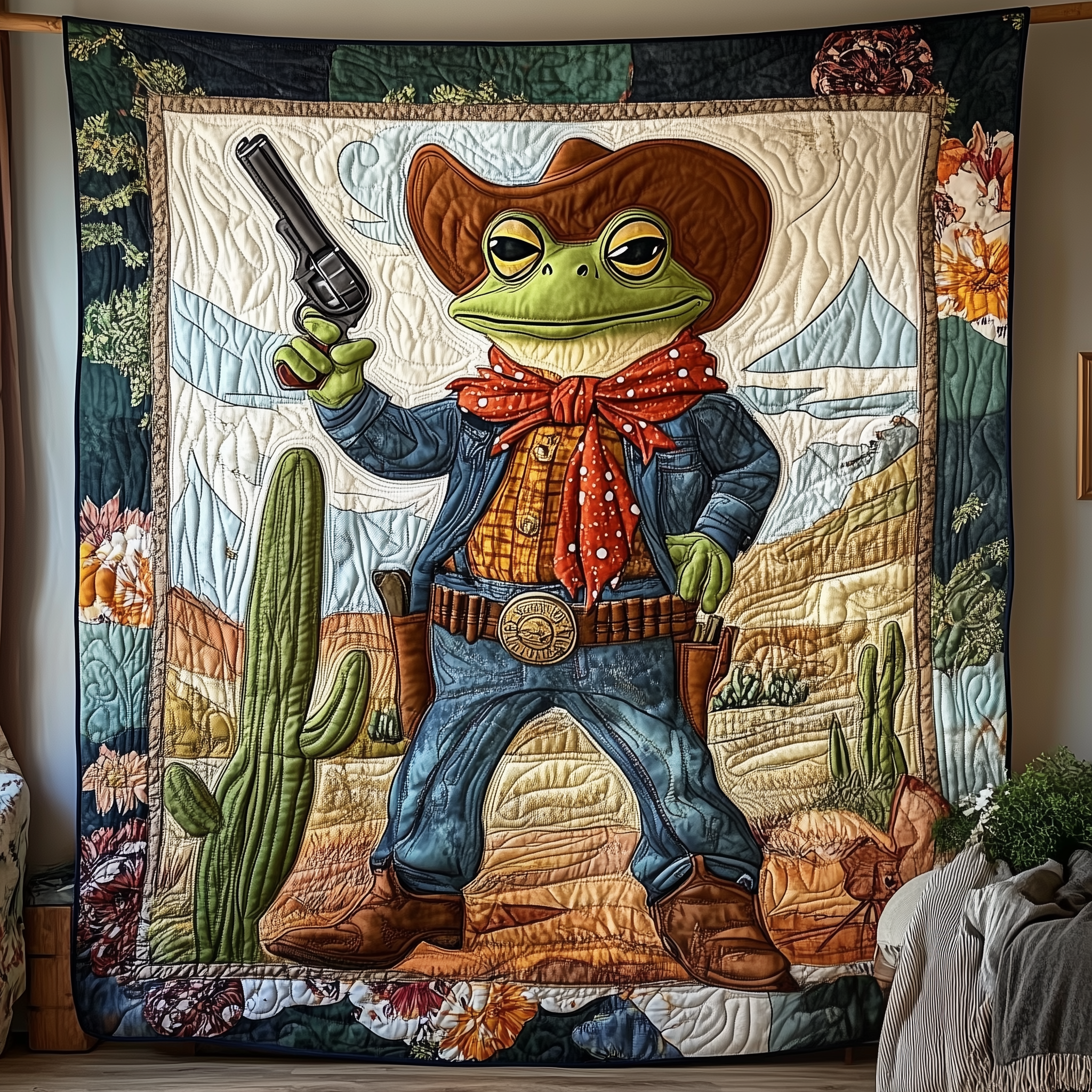 Cowboy Frog Quilted Blanket Best Throw Blanket Cowboy Gifts For Him Cowboy Frog Quilted Blanket Best Throw Blanket Cowboy Gifts For Him
