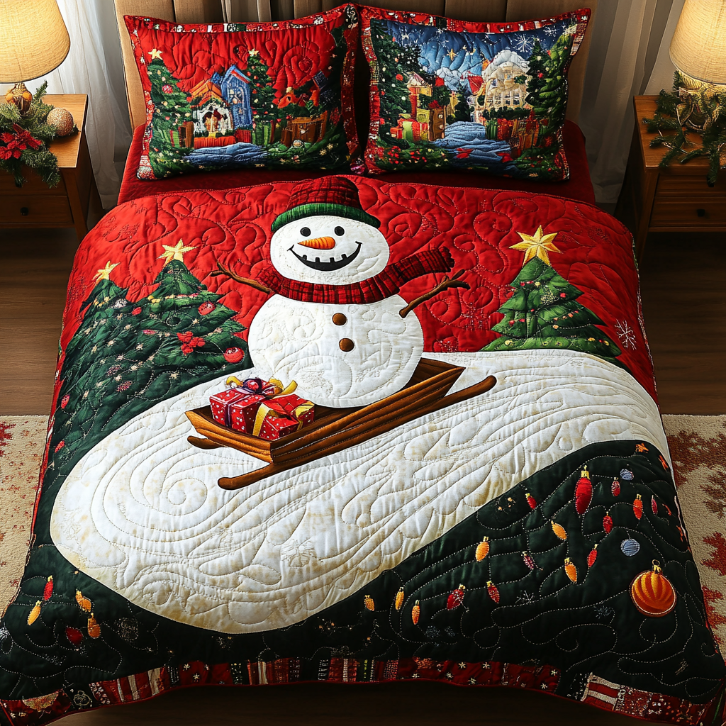 Cozy Snowman Quilted Bedding Set Family Xmas Presents Cozy Snowman Quilted Bedding Set Family Xmas Presents