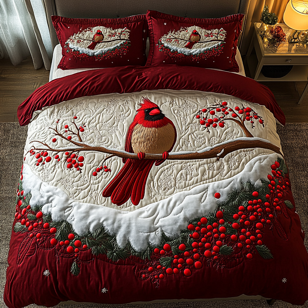 Crimson Serenity Quilted Bedding Set Cardinal Christmas Gift Crimson Serenity Quilted Bedding Set Cardinal Christmas Gift