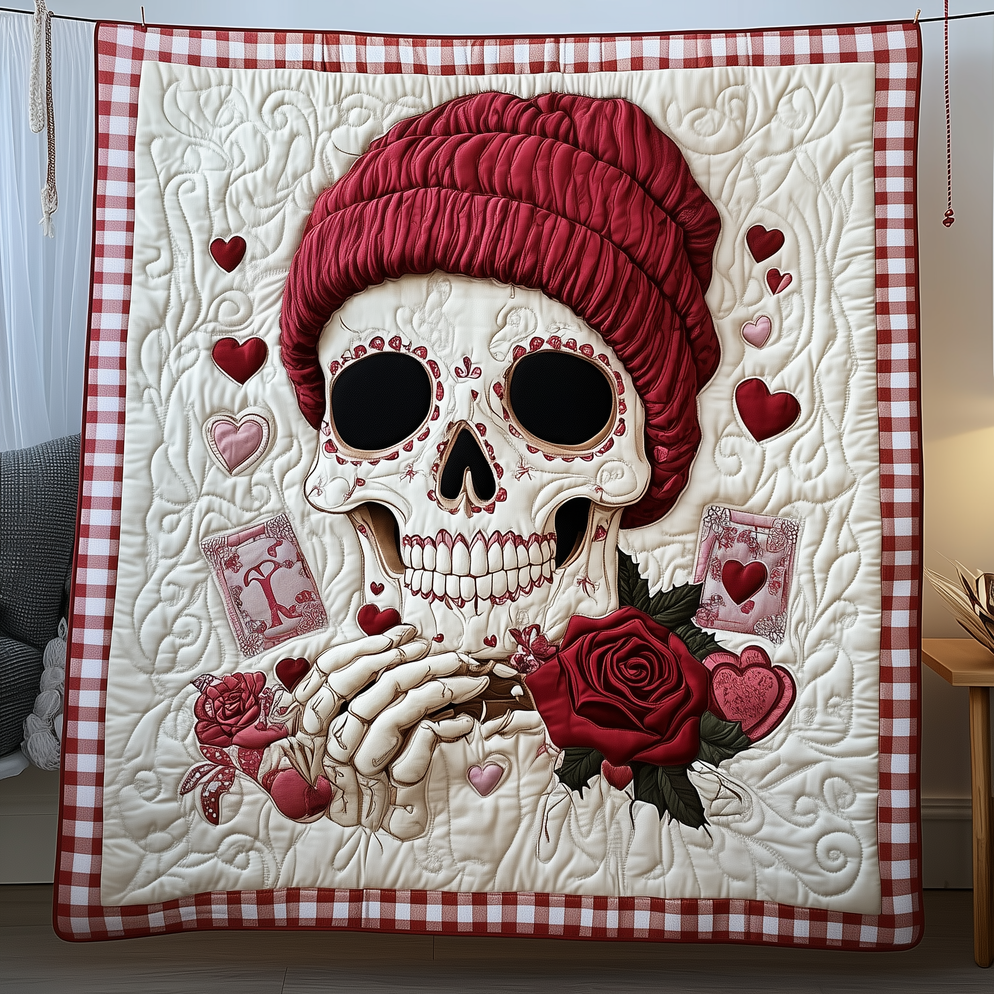 Crimson Valentine Skull Quilted Blanket Unique Throw Blanket Item Merch Valentine Gift Ideas Crimson Valentine Skull Quilted Blanket Unique Throw Blanket Item Merch Valentine Gift Ideas