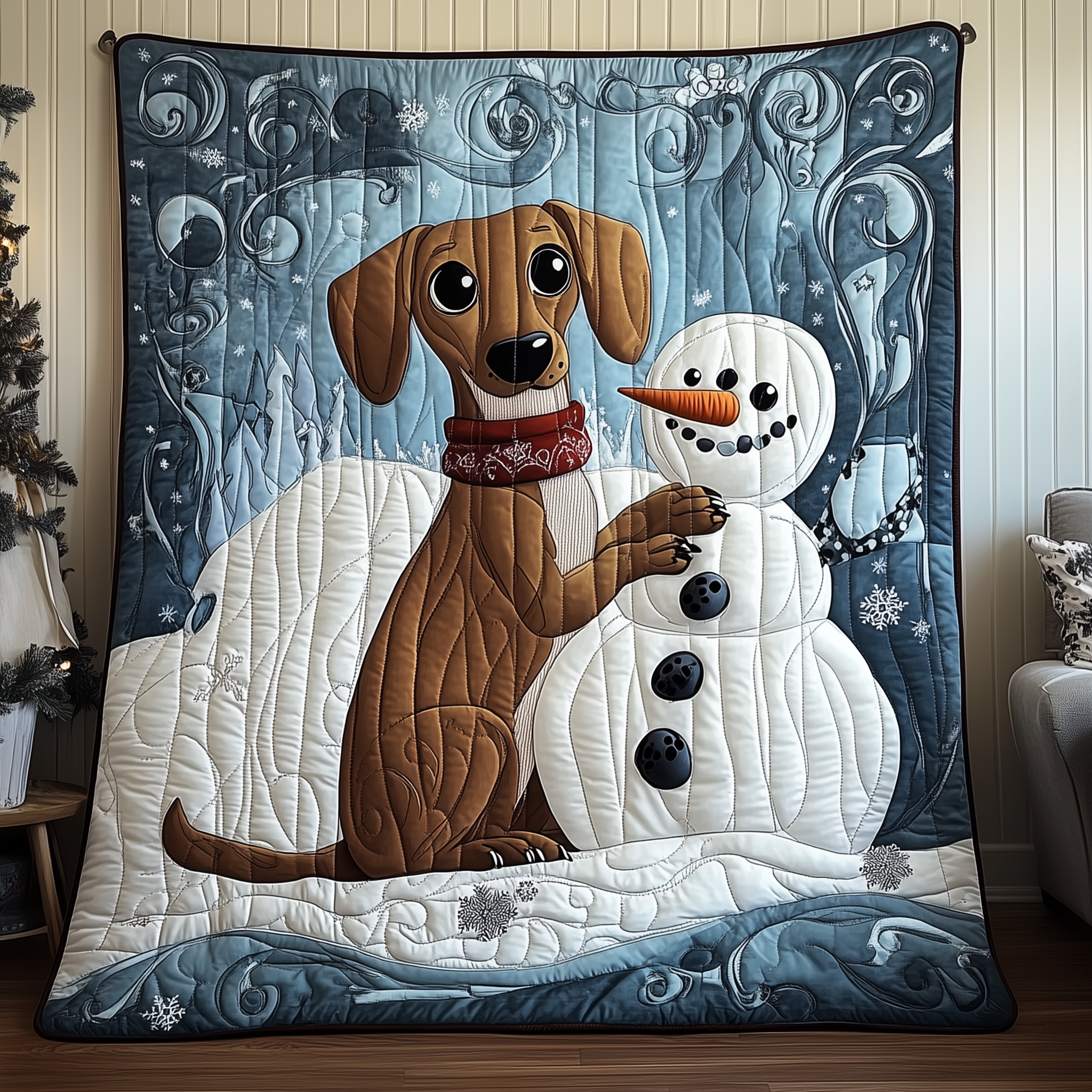 Dachshund in Snowy Night Quilted Blanket Unique Throw Blanket Presents For Dachshund Lovers Dachshund in Snowy Night Quilted Blanket Unique Throw Blanket Presents For Dachshund Lovers