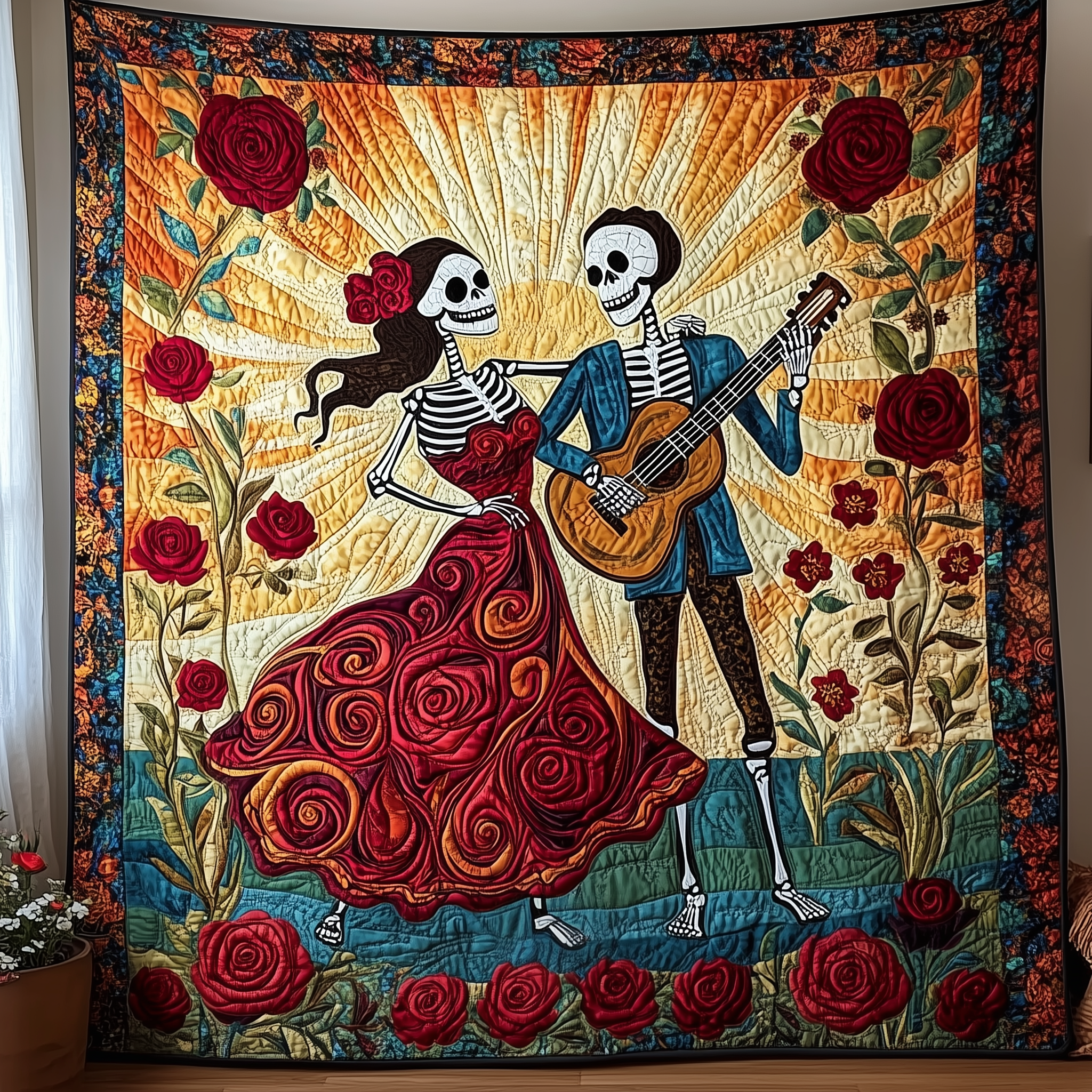 Dancing Day of the Dead Quilted Blanket Best Throw Blanket Cute Skull Gifts Dancing Day of the Dead Quilted Blanket Best Throw Blanket Cute Skull Gifts