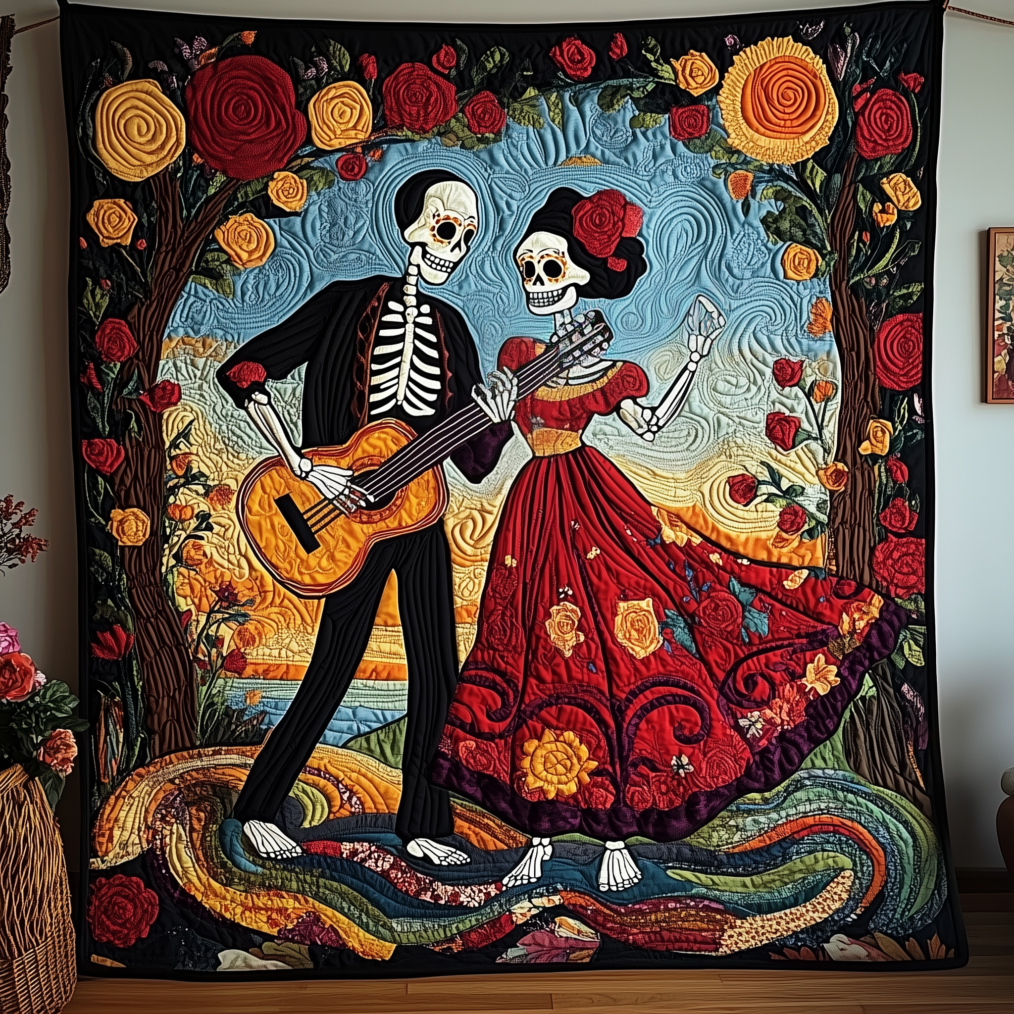 Dancing Day of the Dead Quilted Blanket Best Throw Blanket Mexican Skull Souvenirs Dancing Day of the Dead Quilted Blanket Best Throw Blanket Mexican Skull Souvenirs