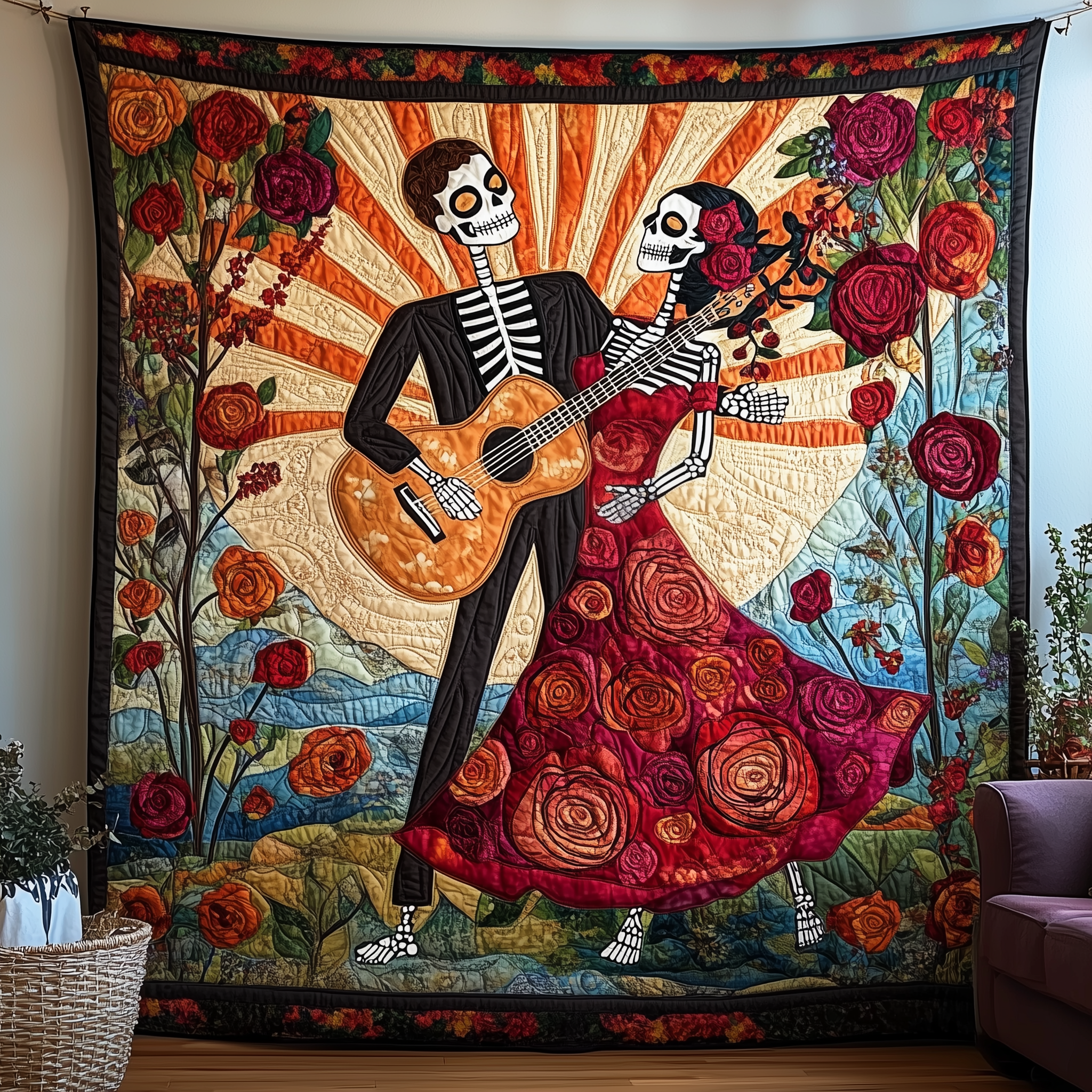 Dancing Day of the Dead Quilted Blanket Best Throw Blanket Skull Birthday Gifts Dancing Day of the Dead Quilted Blanket Best Throw Blanket Skull Birthday Gifts