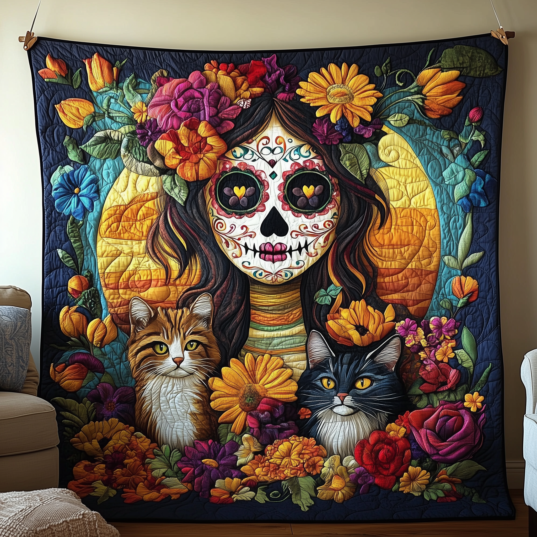Day of the Dead Mystical Woman Quilted Blanket Best Throw Blanket Skeleton Gifts For Him Day of the Dead Mystical Woman Quilted Blanket Best Throw Blanket Skeleton Gifts For Him