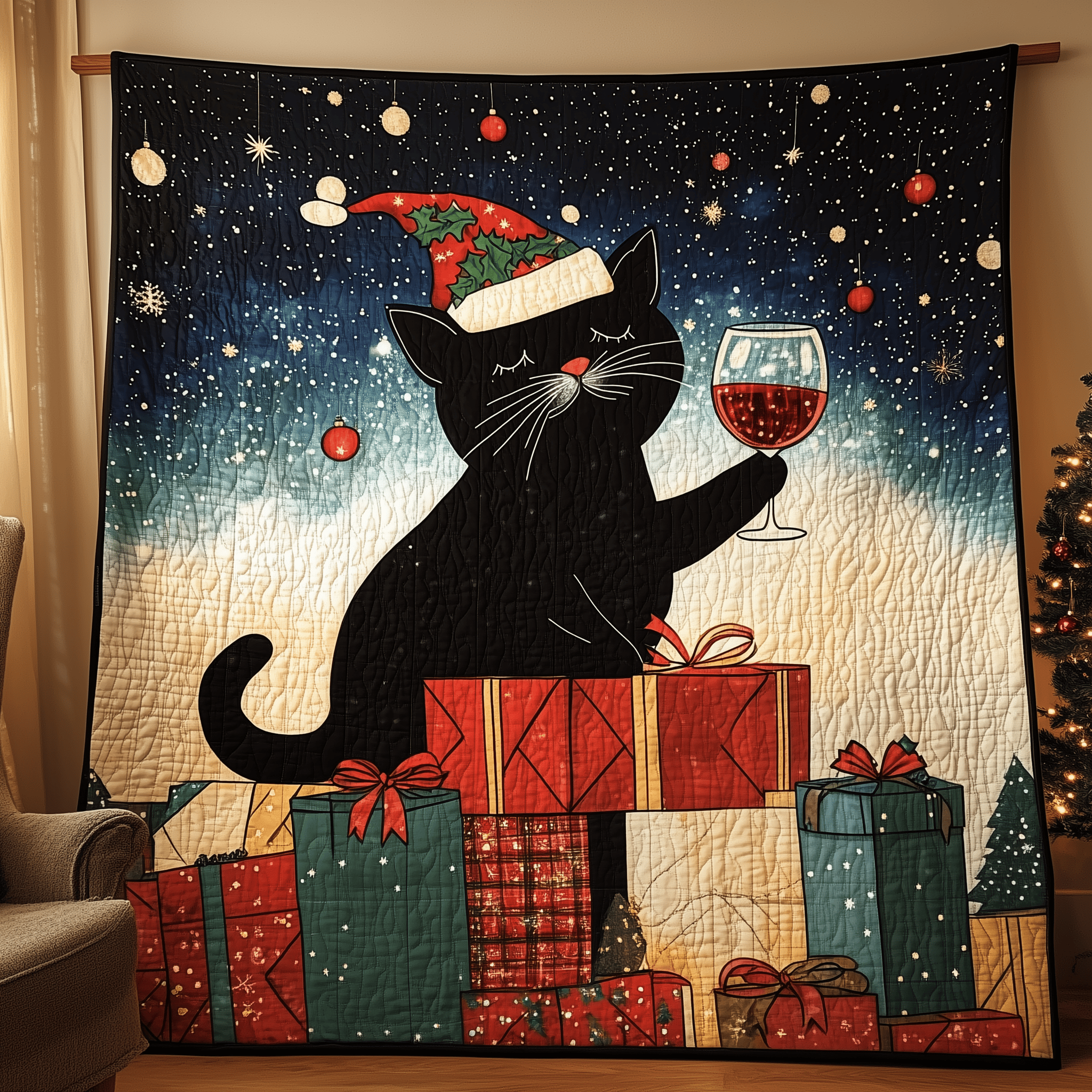 Drinking Wine Holiday Cat Quilted Blanket Feel the Elegance of a Blanket That's Truly Yours Drinking Wine Holiday Cat Quilted Blanket Feel the Elegance of a Blanket That's Truly Yours