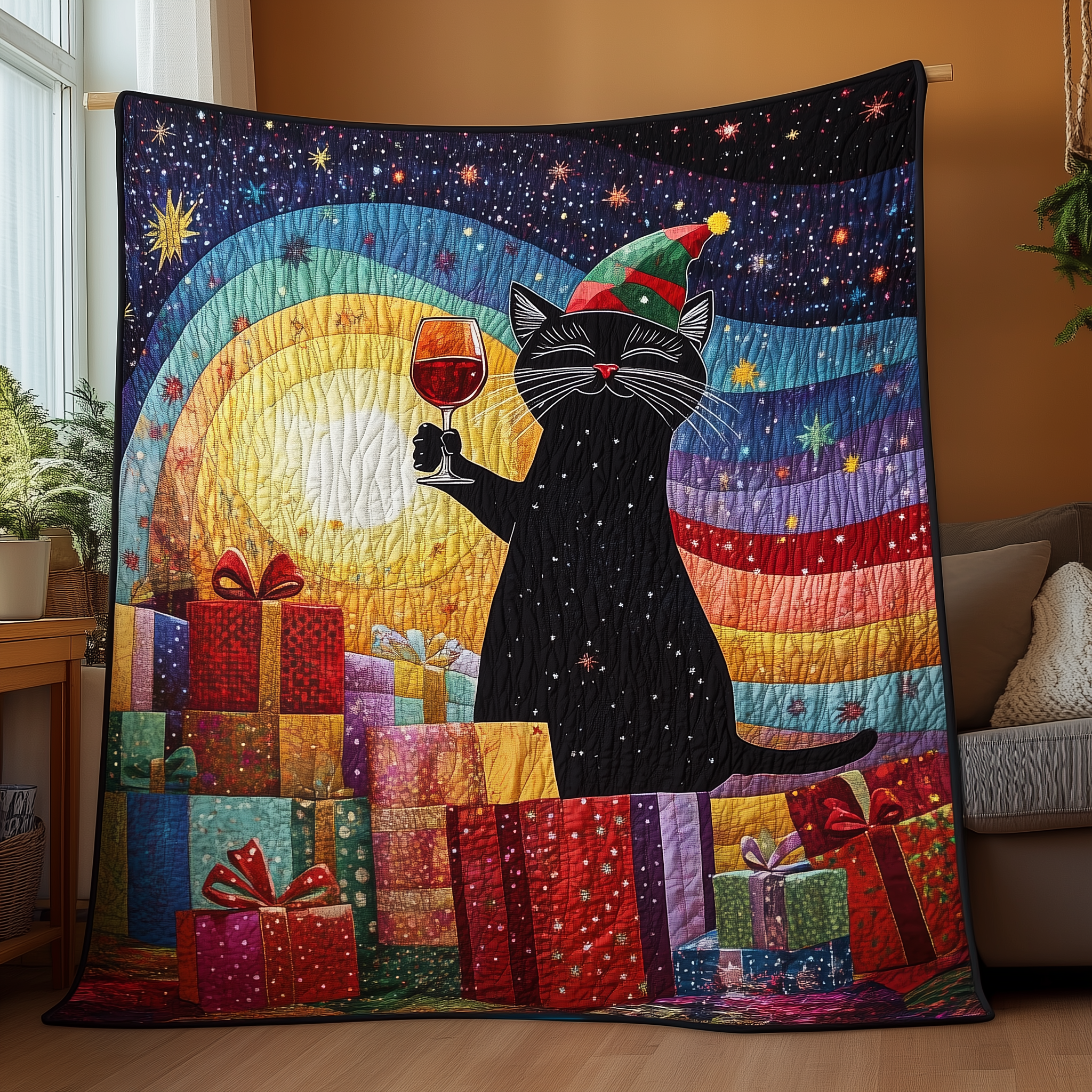 Drinking Wine Holiday Cat Quilted Blanket From Sofa to Bed, a Blanket That Does It All Drinking Wine Holiday Cat Quilted Blanket From Sofa to Bed, a Blanket That Does It All