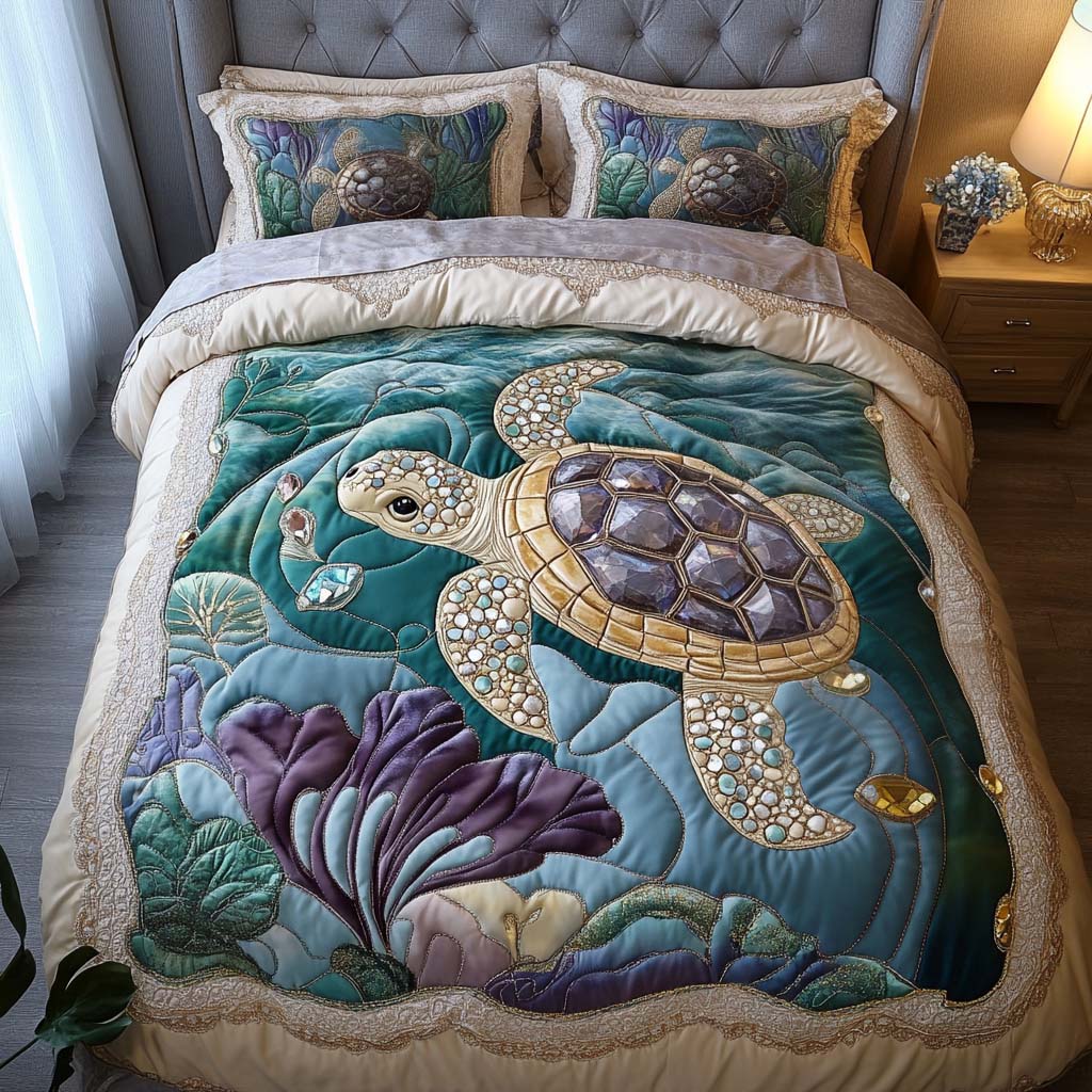 Emerald Seashell Quilted Bedding Set Sea Turtle Gift Ideas Emerald Seashell Quilted Bedding Set Sea Turtle Gift Ideas