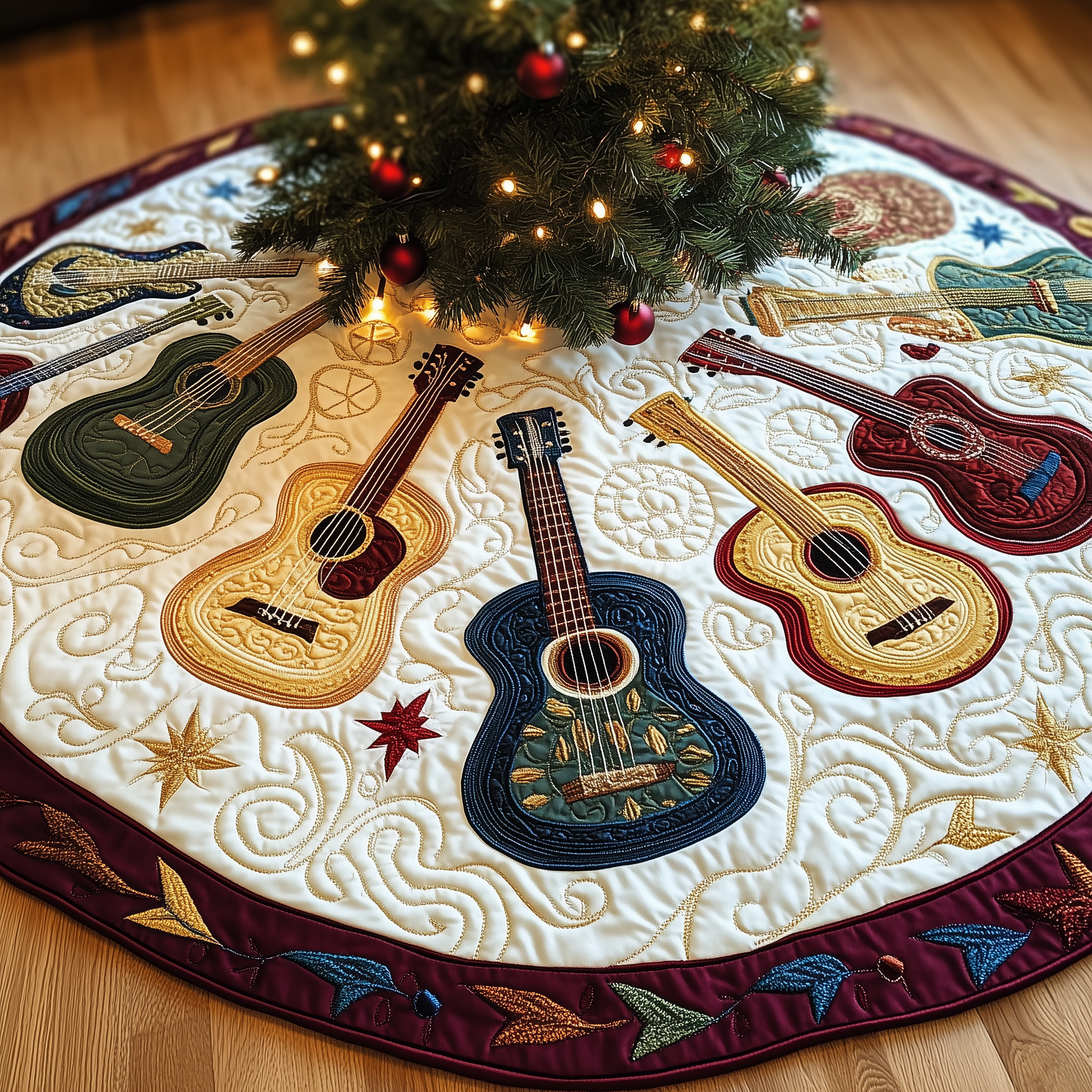 Festive Acoustic Guitars Quilted Tree Skirt Celebrate Without Worry Choose a Secure Tree Skirt Festive Acoustic Guitars Quilted Tree Skirt Celebrate Without Worry Choose a Secure Tree Skirt