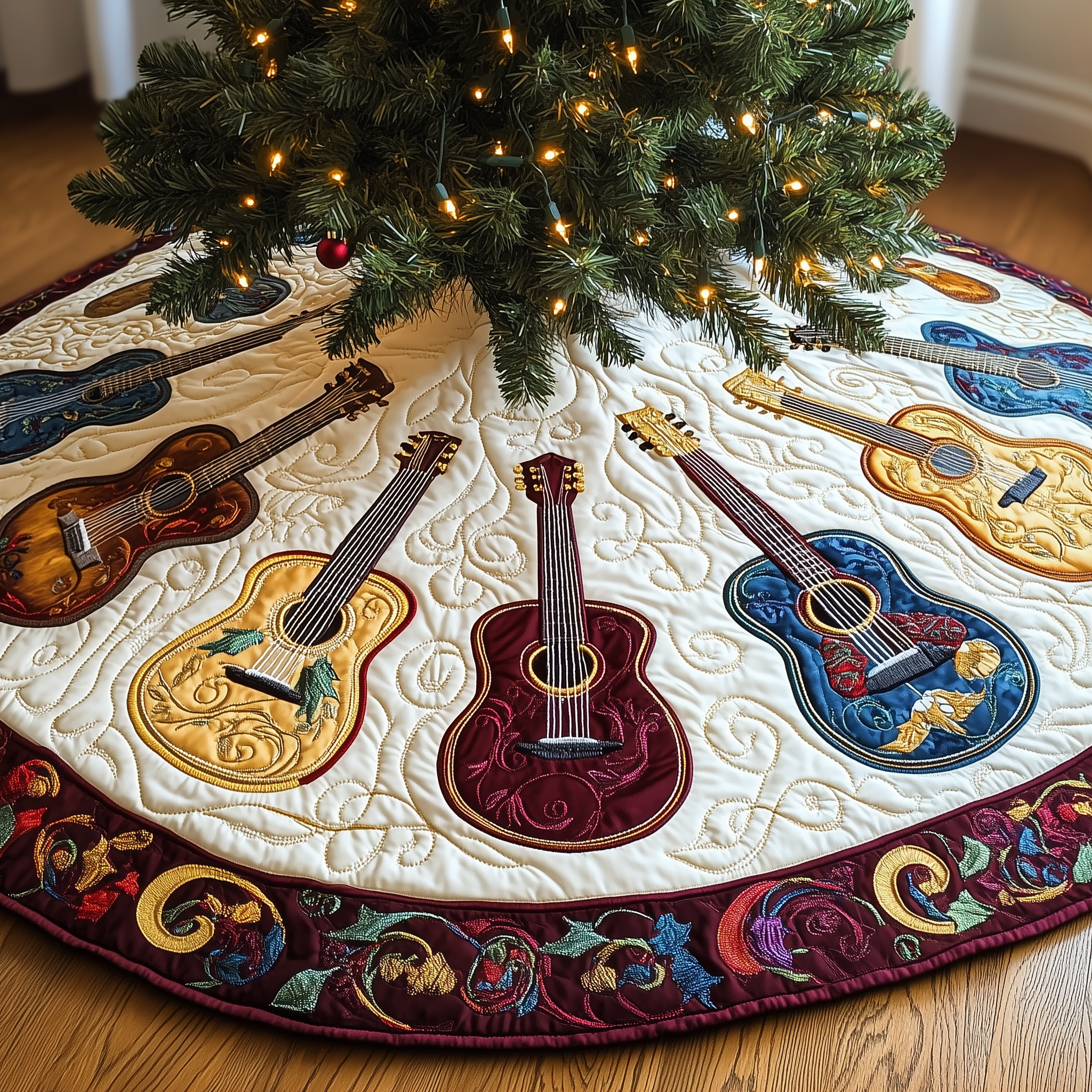 Festive Acoustic Guitars Quilted Tree Skirt Enjoy Christmas Morning with a Thoughtful Tree Skirt Festive Acoustic Guitars Quilted Tree Skirt Enjoy Christmas Morning with a Thoughtful Tree Skirt