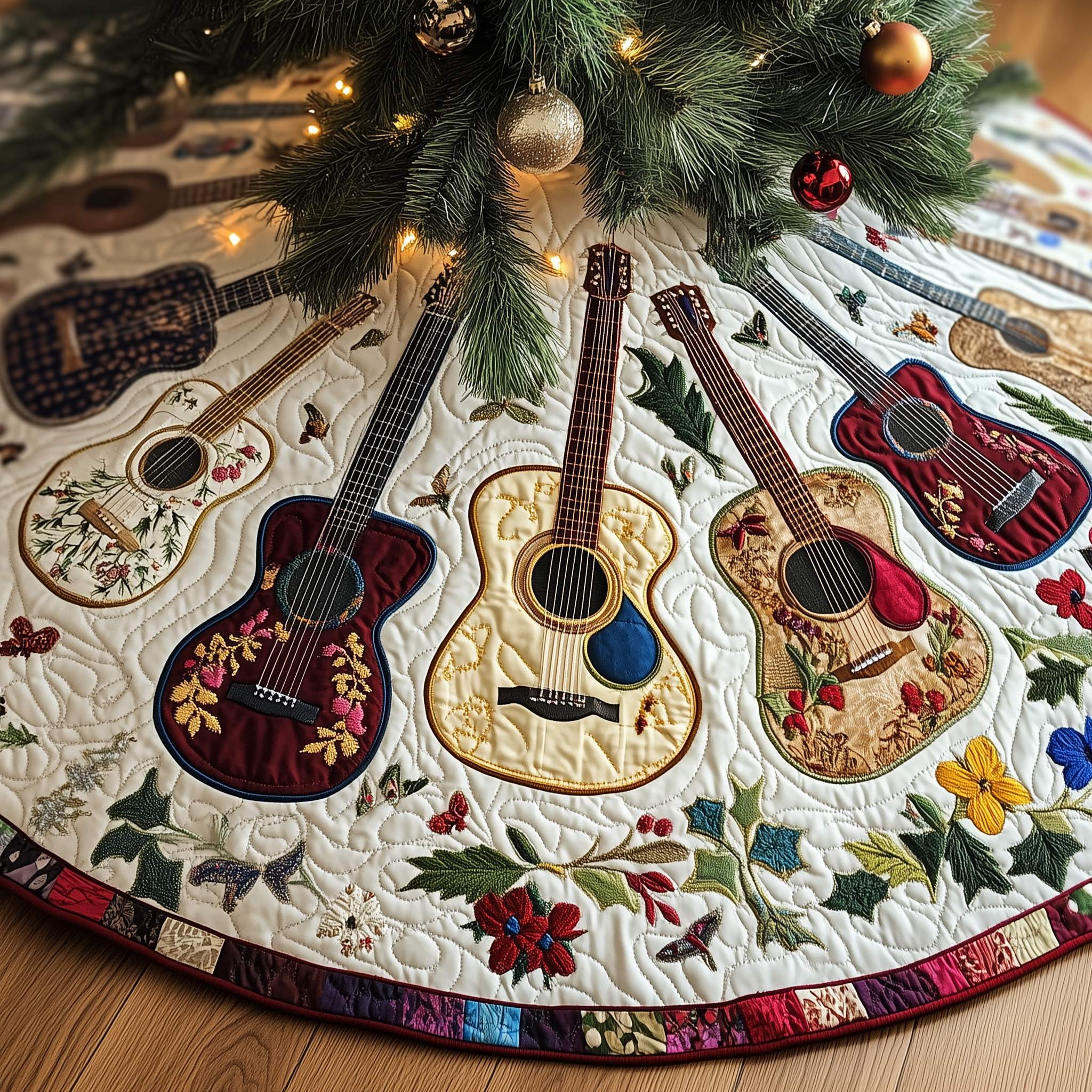 Festive Acoustic Guitars Quilted Tree Skirt Feel Closer to Home with Safe Holiday Decor Festive Acoustic Guitars Quilted Tree Skirt Feel Closer to Home with Safe Holiday Decor