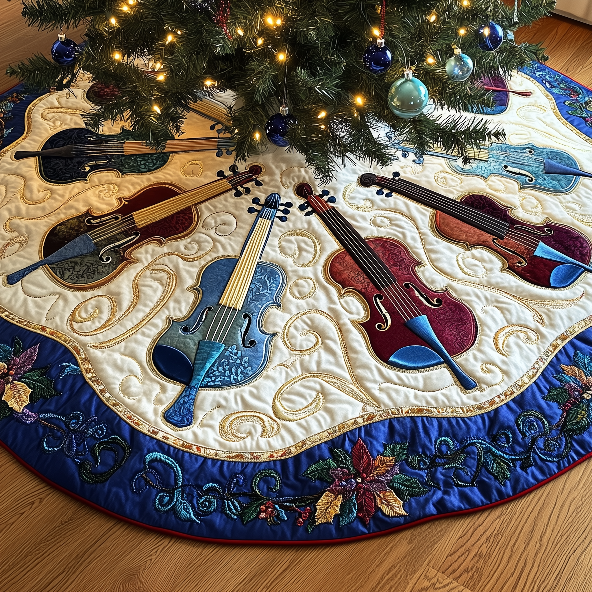 Festive Blue Violins Quilted Tree Skirt Celebrate the Holidays Without Stress Choose Safety Festive Blue Violins Quilted Tree Skirt Celebrate the Holidays Without Stress Choose Safety