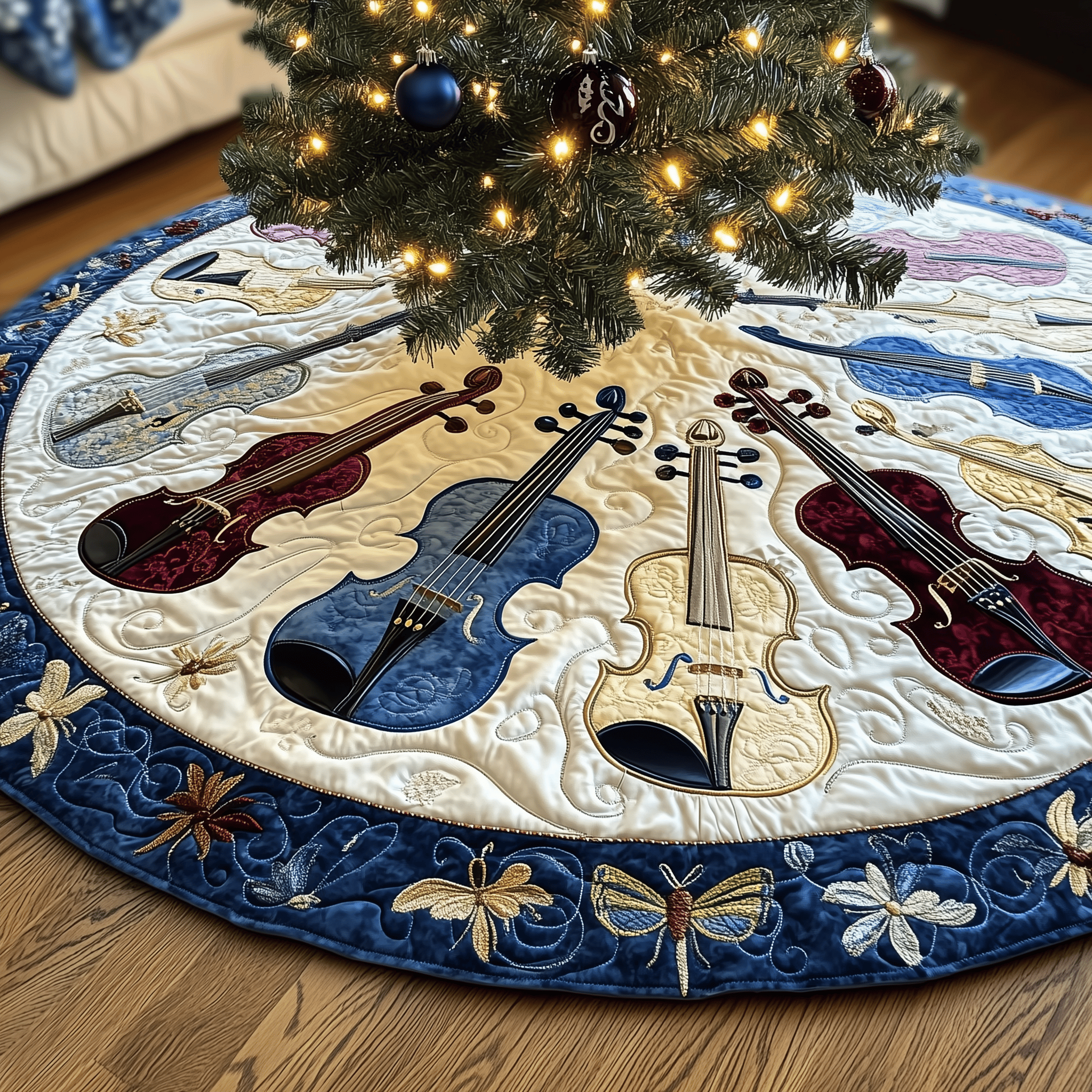 Festive Blue Violins Quilted Tree Skirt Feel the Calm of Christmas with Durable Tree Decor Festive Blue Violins Quilted Tree Skirt Feel the Calm of Christmas with Durable Tree Decor