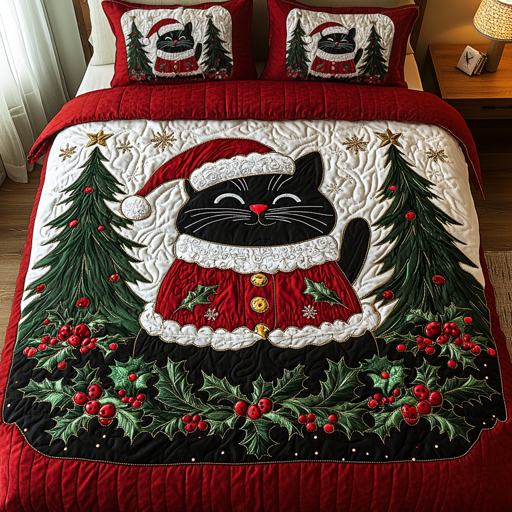 Festive Cat Quilted Bedding Set Gifts For Cat People Festive Cat Quilted Bedding Set Gifts For Cat People