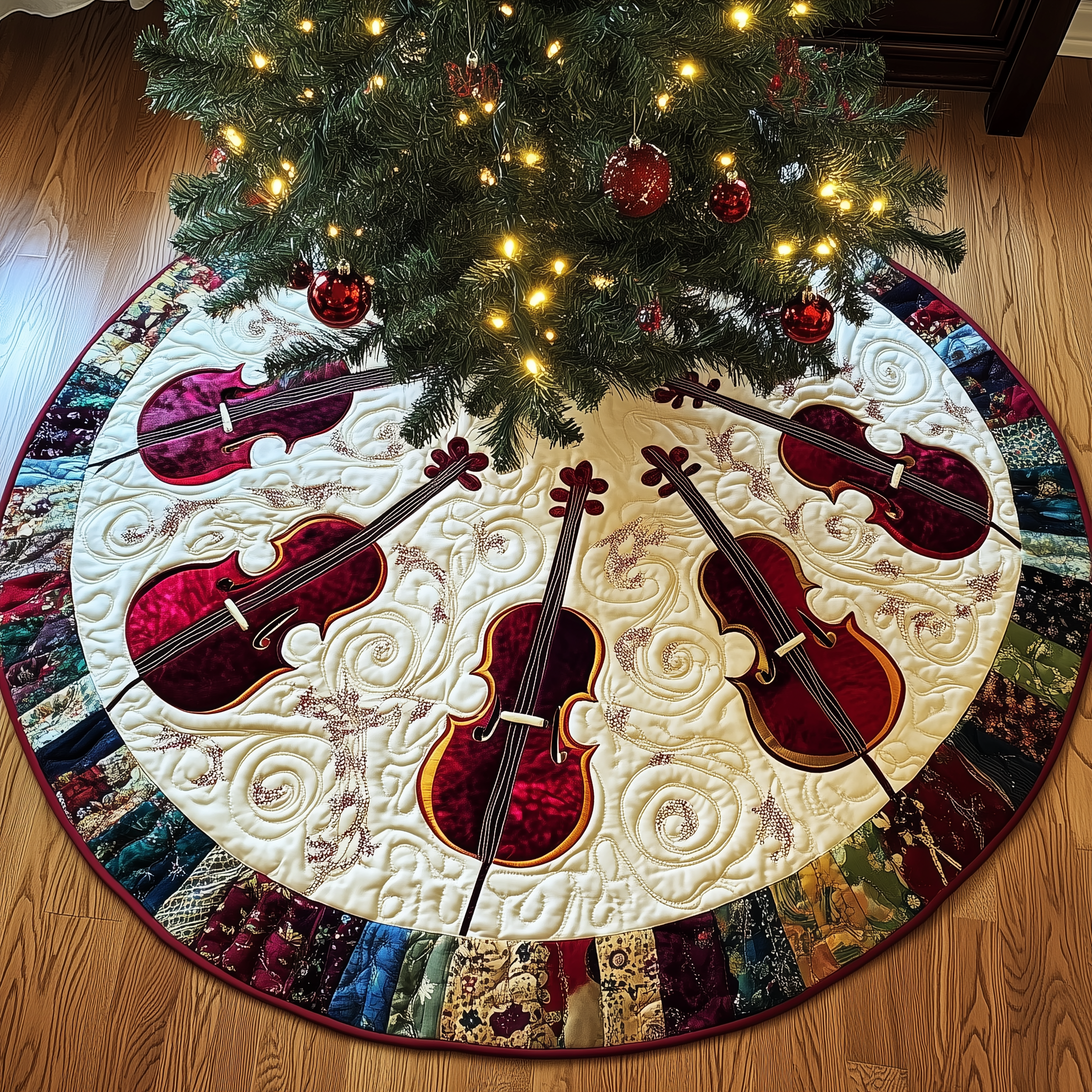 Festive Cello Quilted Tree Skirt Feel the Energy of the Holidays with a Durable Skirt Festive Cello Quilted Tree Skirt Feel the Energy of the Holidays with a Durable Skirt